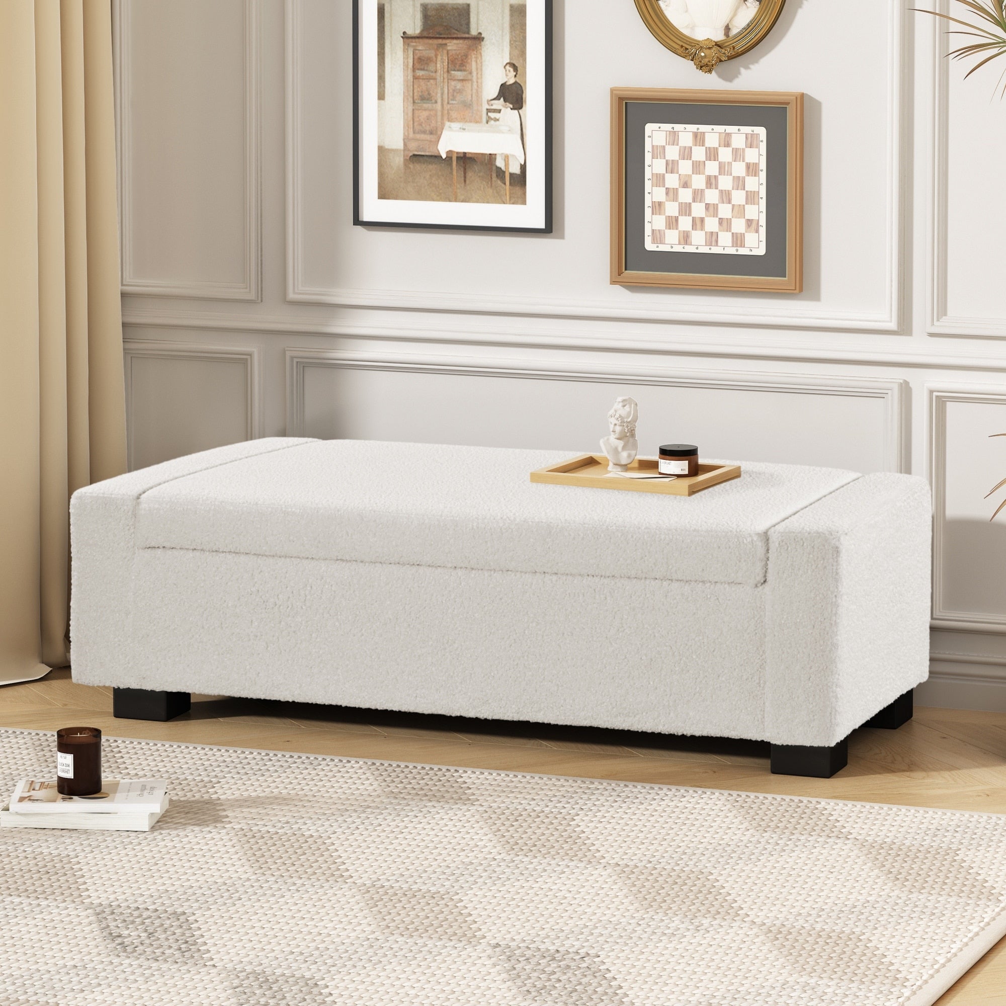 Roomfitters 50 Inch Beige Boucl Storage Ottoman Birch Wood Leg Bench Rectangular Footrest With Hidden Storage