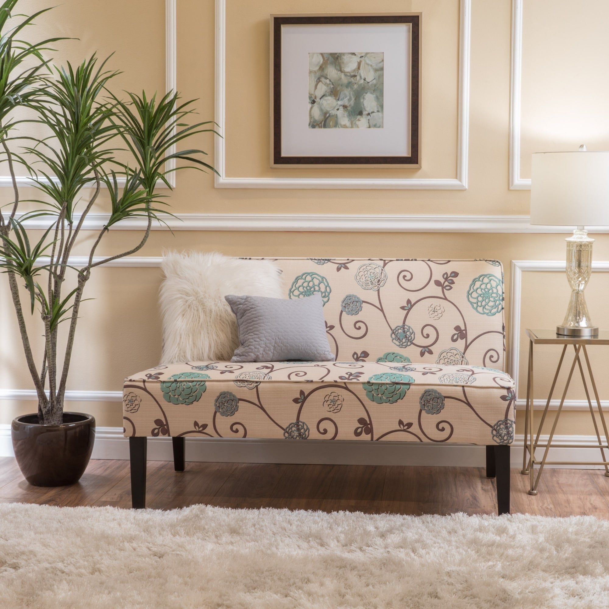 Roomfitters 50 Inch Modern Floral Upholstered Loveseat Compact 2 Seater Armless Botanical Linen Solid Wood Legs