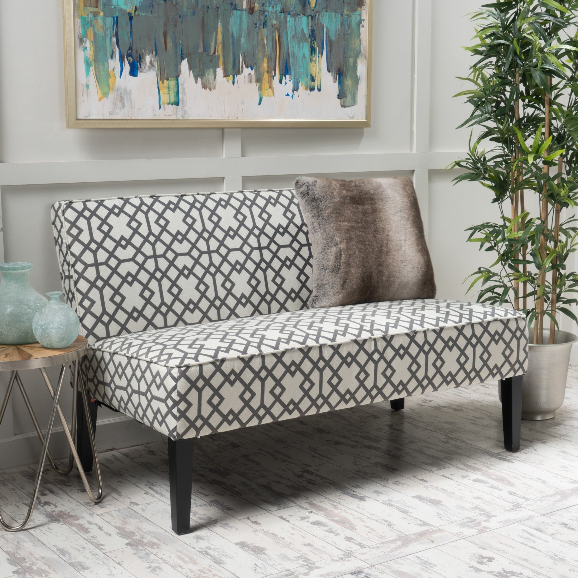 Roomfitters 50 Inch Modern Grey Geometric Loveseat Compact 2 Seater Armless Sofa Lattice Bench Black Birch Legs