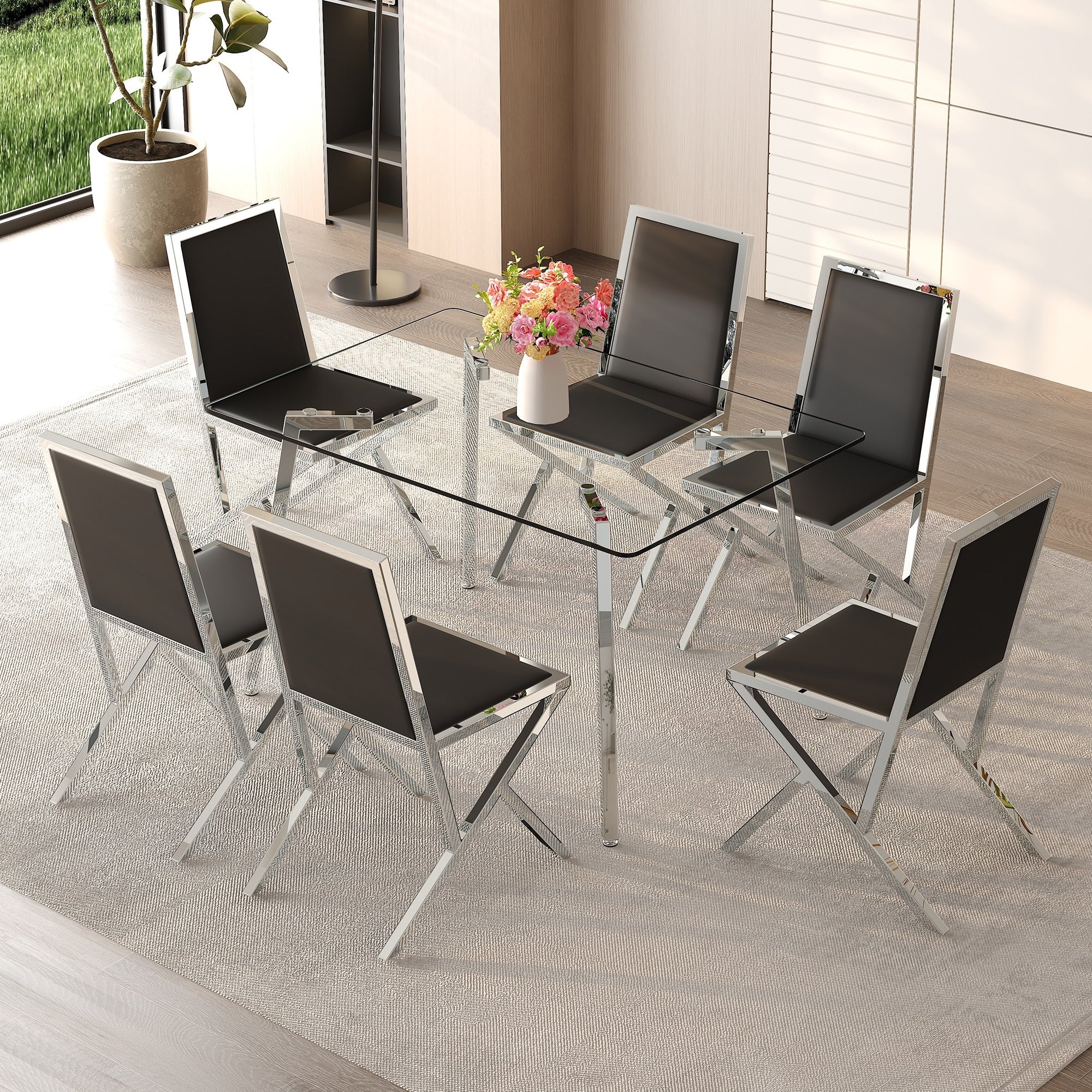 Roomfitters 51 Tempered Glass Dining Table Set Pu Chairs Silver Metal Base Kitchen Seating For 4 6