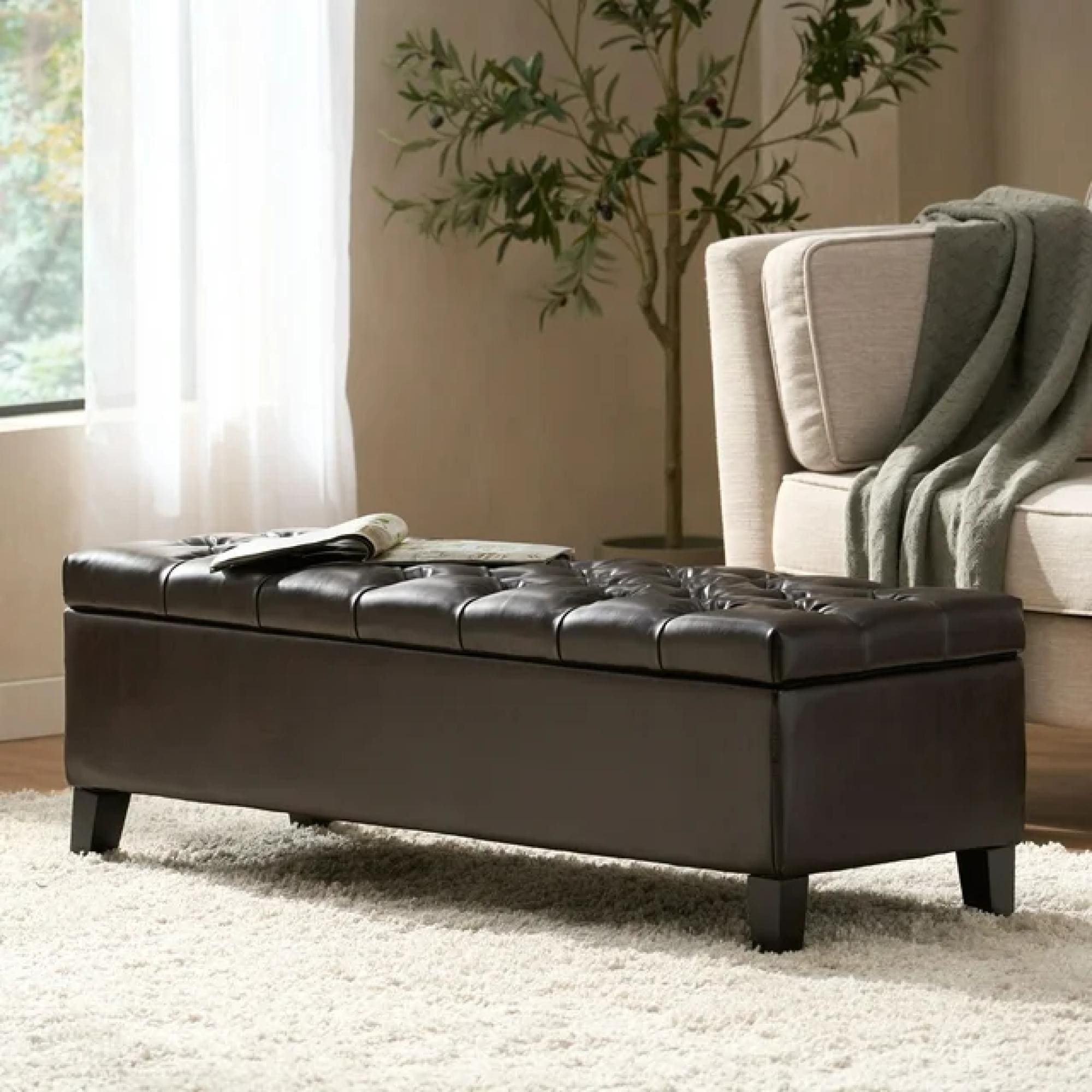 Roomfitters 51 Storage Ottoman Bench Button Tufted Pu Leather Lift Top Upholstered Entryway Bench With Wood Legs