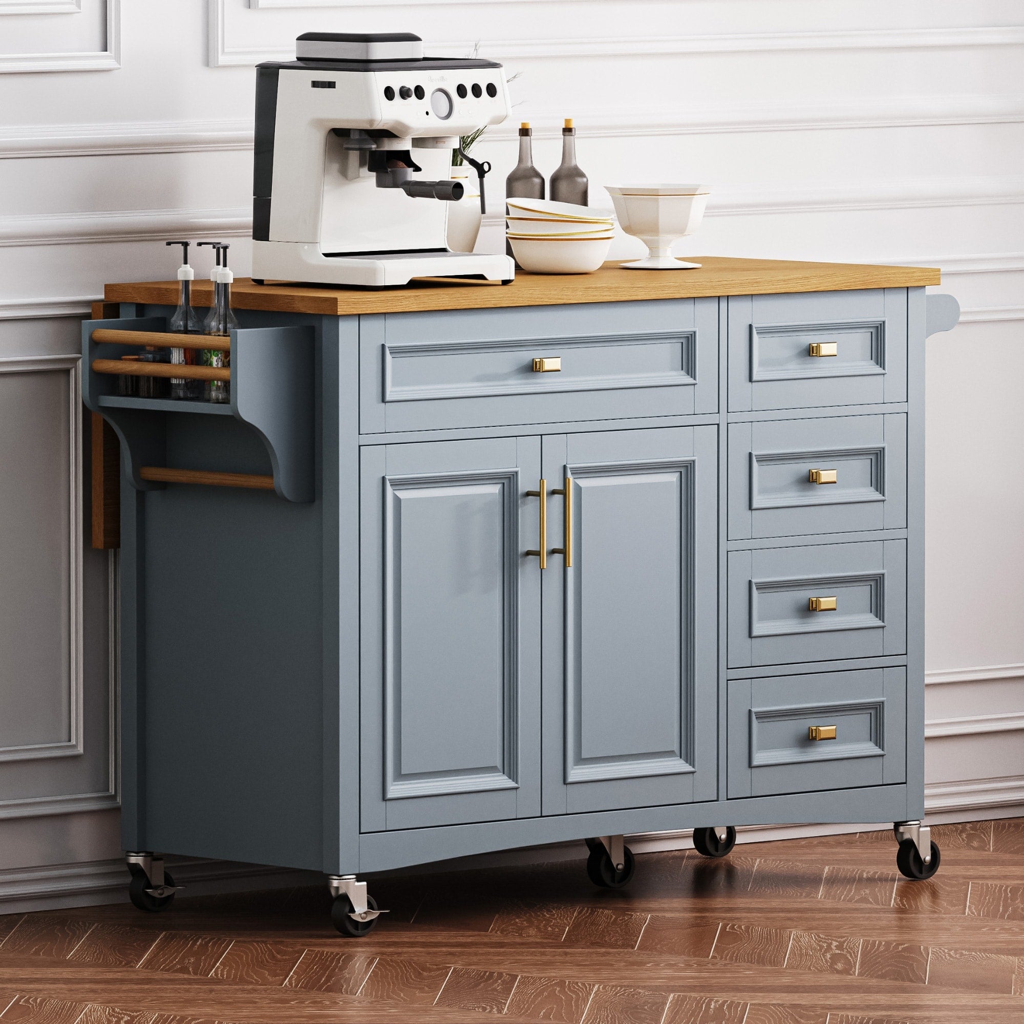 Roomfitters 52 Kitchen Island With Wood Top 5 Storage Drawers And Cabinet Mobile Cart With Gold Hardware Blue Grey