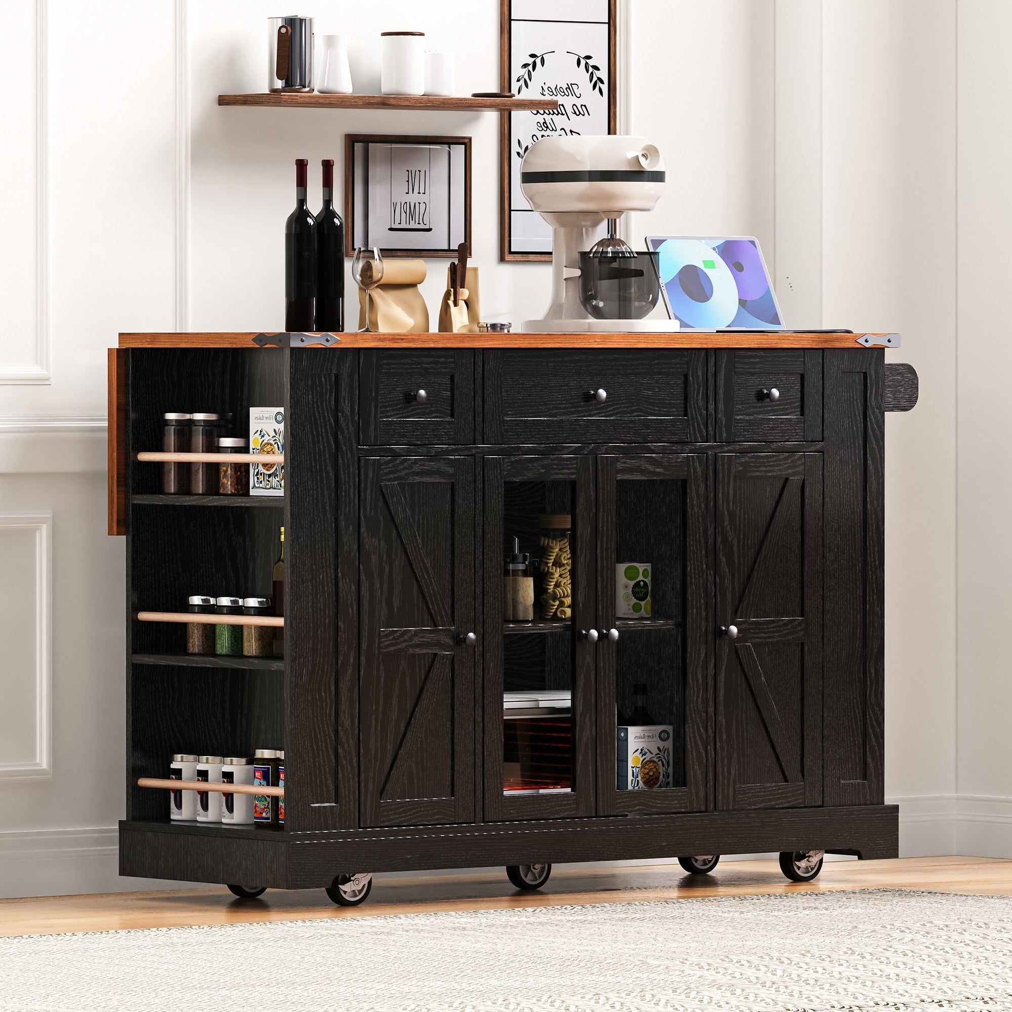 Roomfitters 53 Rolling Kitchen Island With Drop Leaf Mobile Cart With Glass Doors 5 Side Shelves Power Outlets