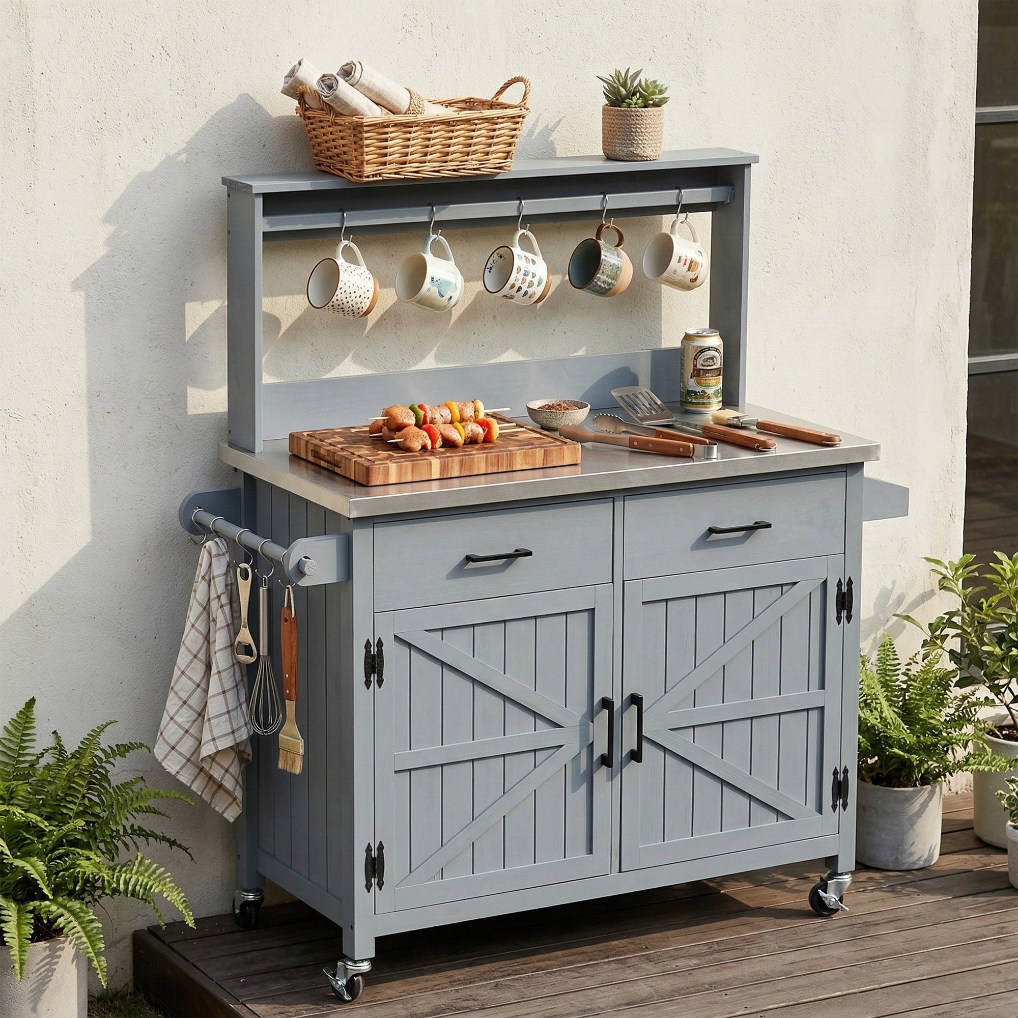 Roomfitters 54.1 Grill Cart Outdoor Kitchen Prep Station With Stainless Steel Top And Propane Tank Storage