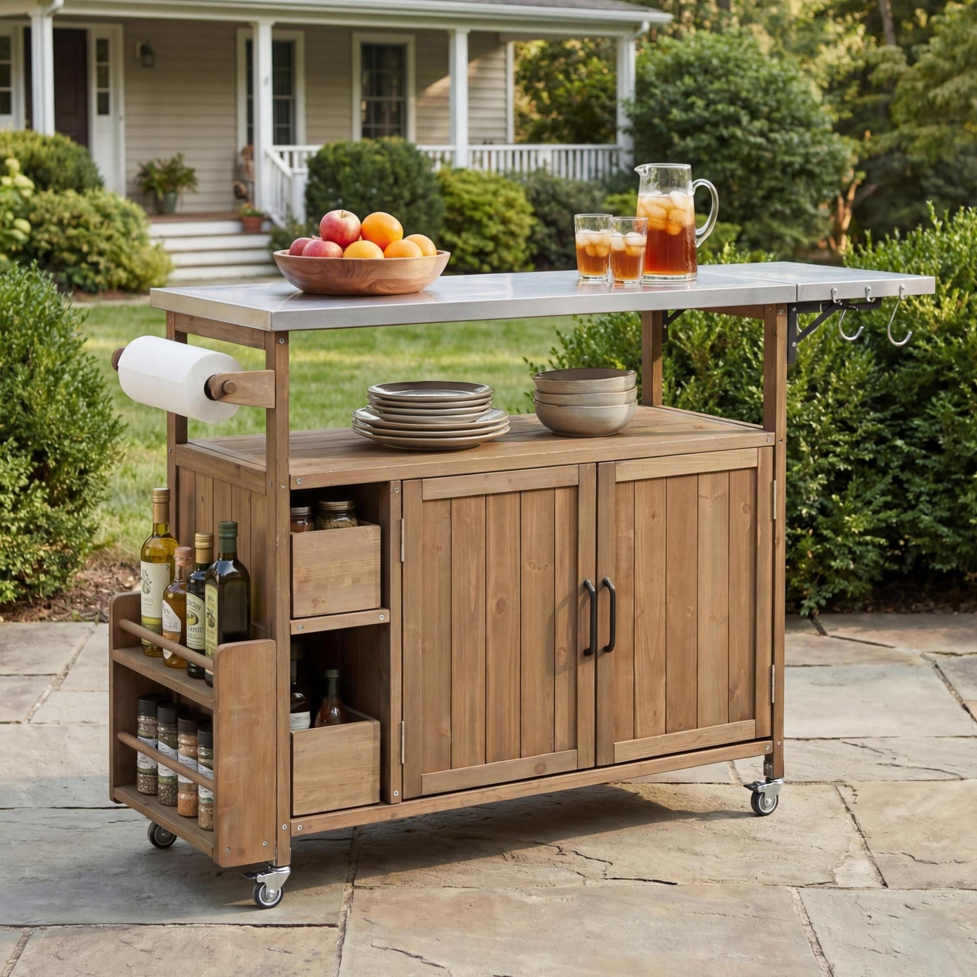 Roomfitters 54.33 Inch Farmhouse Rolling Outdoor Kitchen Cart Solid Fir Wood Bbq Island Stainless Steel Top