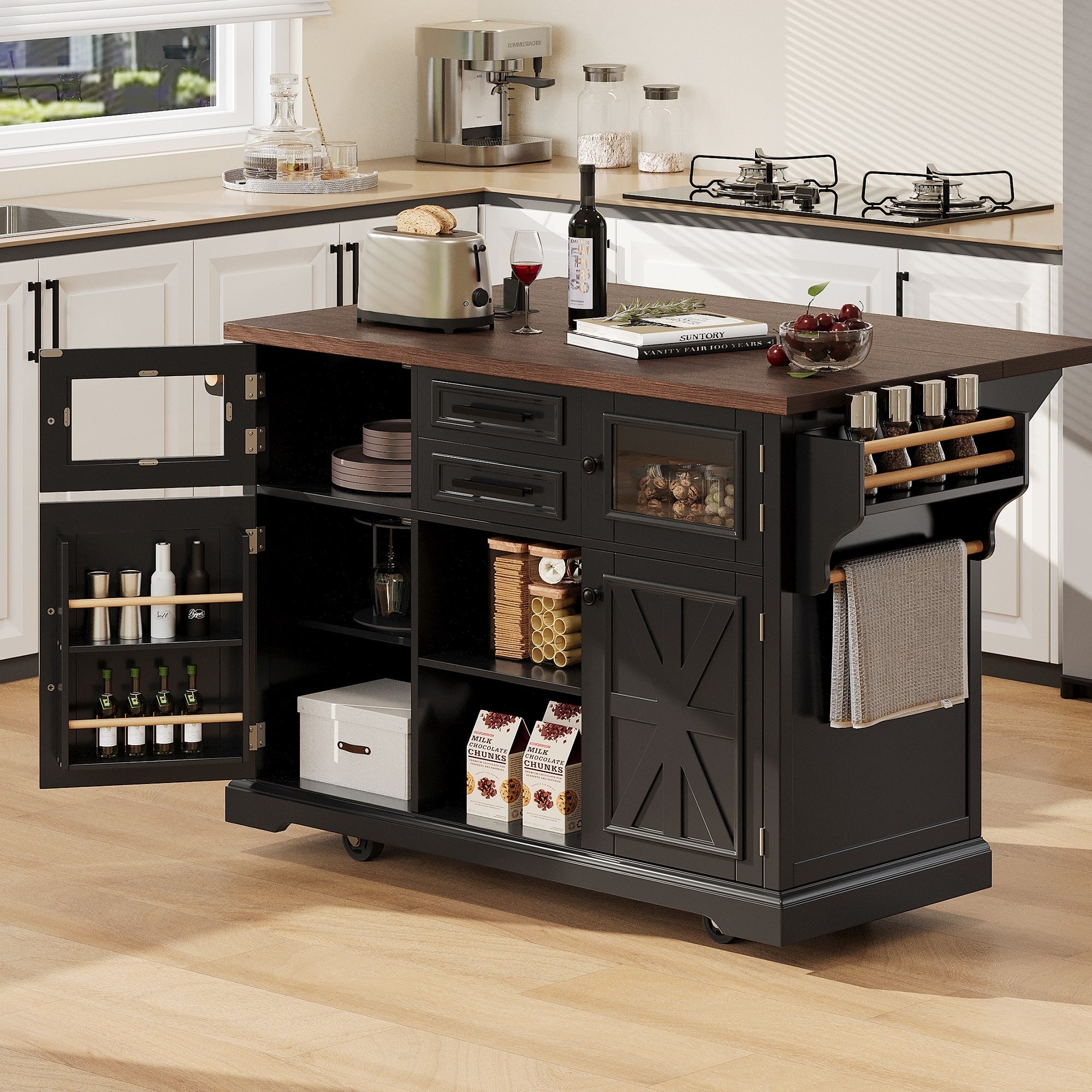 Roomfitters 54.9 Kitchen Island With Drop Leaf Rolling Kitchen Cart With Barn Door And Glass Door Storage Cabinet