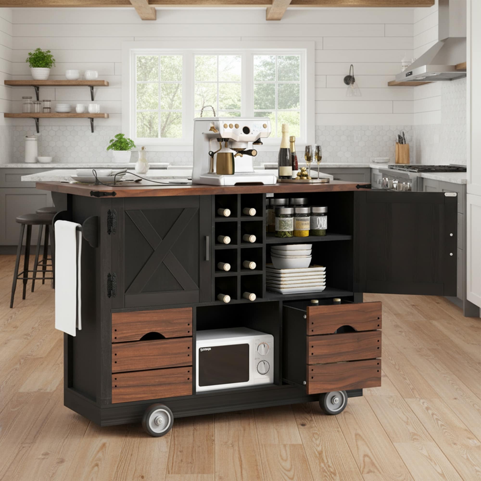 Roomfitters 54 Farmhouse Kitchen Island With Drop Leaf Power Outlet Wine Rack 2 Drawers 2 Doors