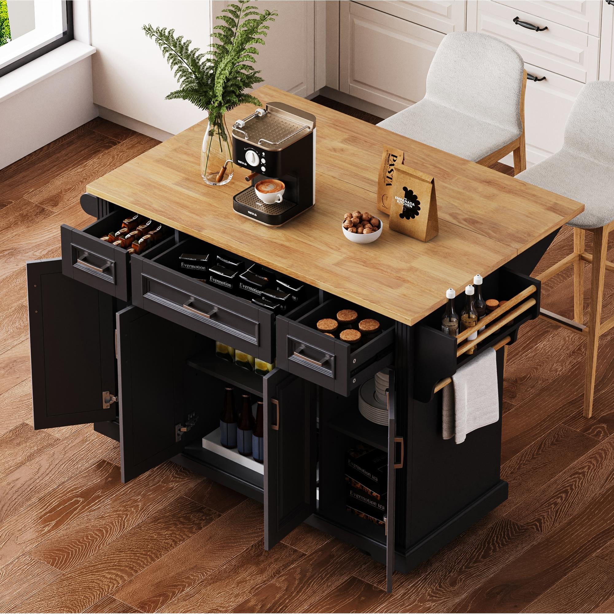 Roomfitters 54 Rolling Kitchen Island With Drop Leaf Mobile Cart With 3 Drawers Embossed Panels Soft Close Doors Black