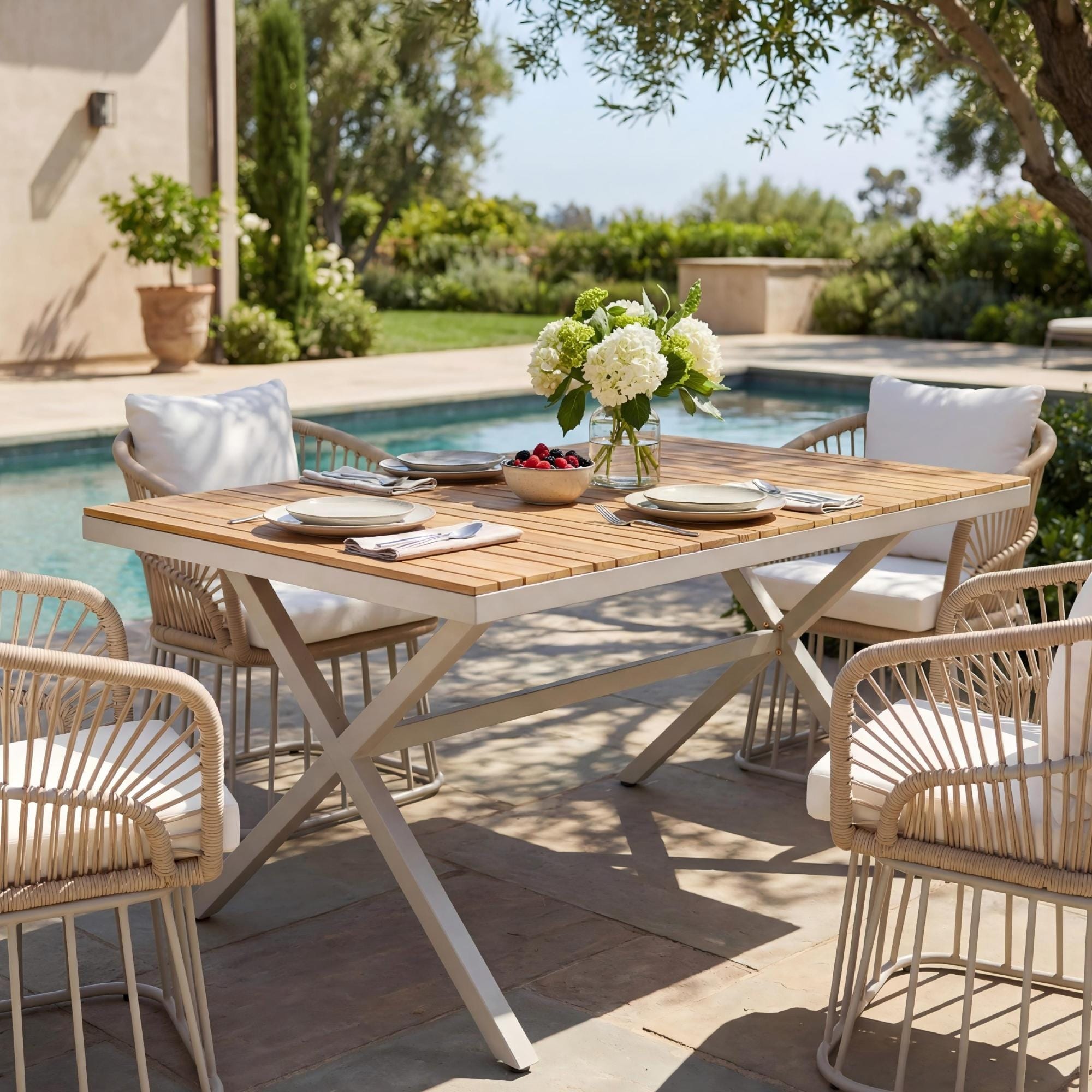 Roomfitters 55.12 Rectangular Outdoor Dining Table With Slatted Teak Wood Top Beige Steel X Frame Base For Patio Teak Beige