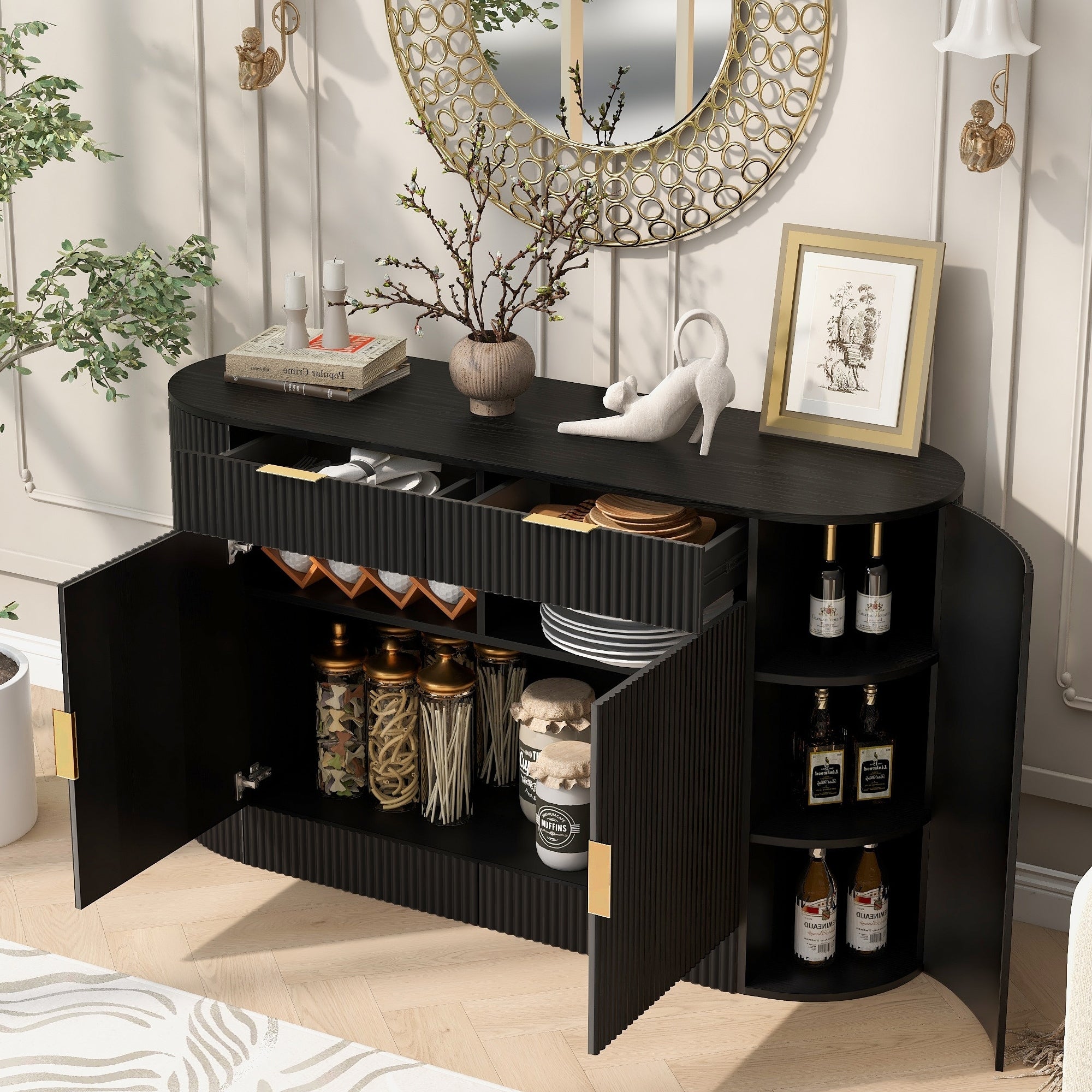 Roomfitters 55.1 Oval Sideboard Buffet Cabinet With 2 Drawers Wine Rack Mid Century Modern Fluted Accent For Dining