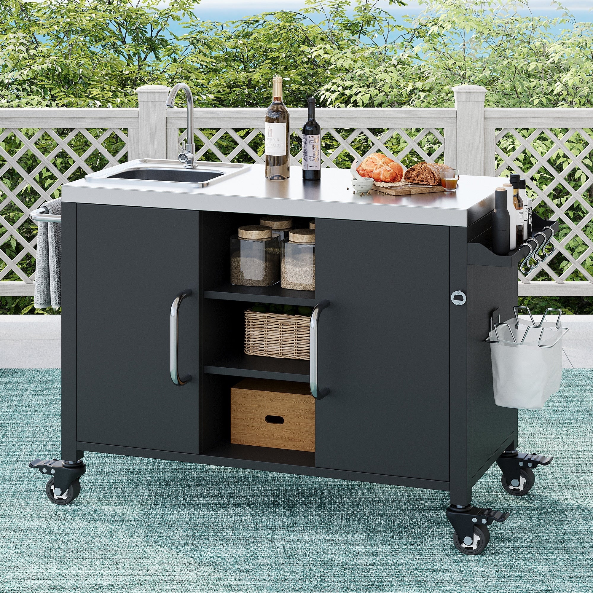 Roomfitters 55.5 Outdoor Kitchen Island With Stainless Steel Sink Rolling Grill Prep Cart Storage Cabinet Black