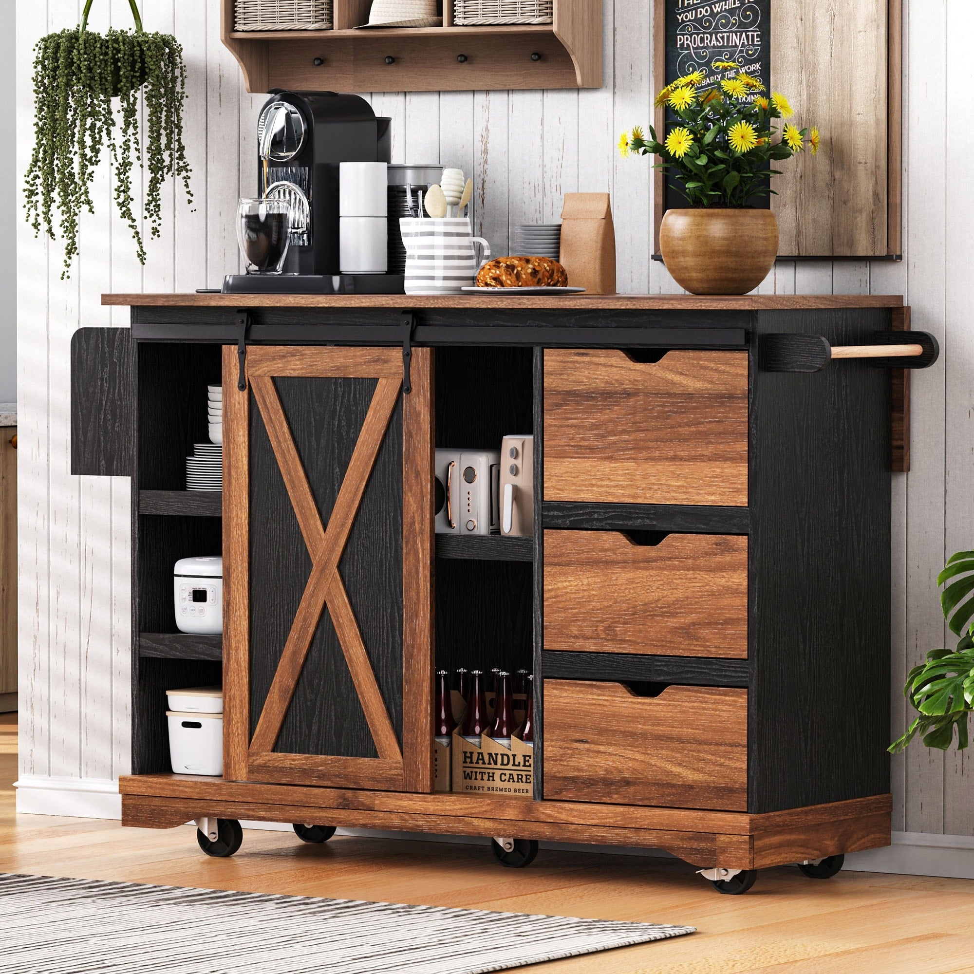Roomfitters 55.5 Rolling Kitchen Island With Drop Leaf Mobile Kitchen Storage Cart With Sliding Barn Door Power Outlets