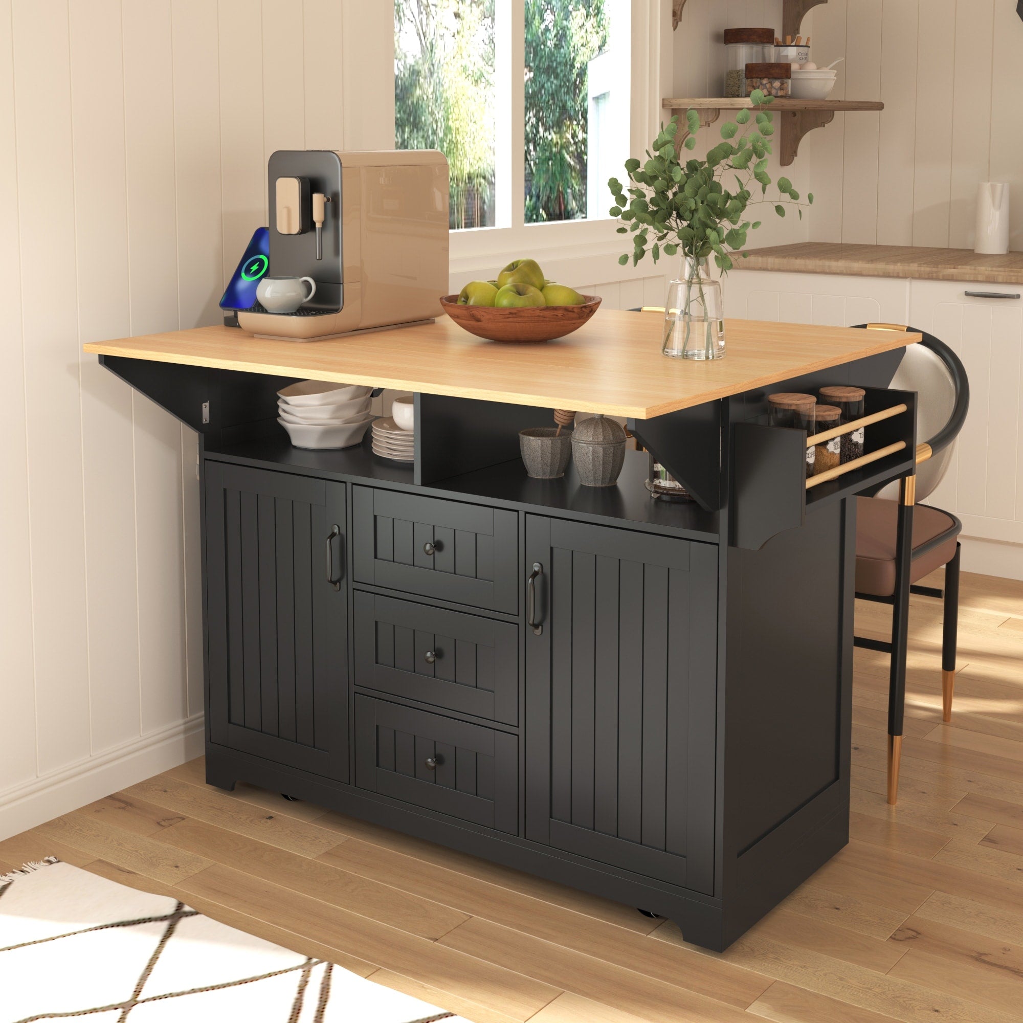 Roomfitters 55.7 Kitchen Island With Power Outlet And Drop Leaf Large Storage Cabinet With 3 Drawers Rolling Cart
