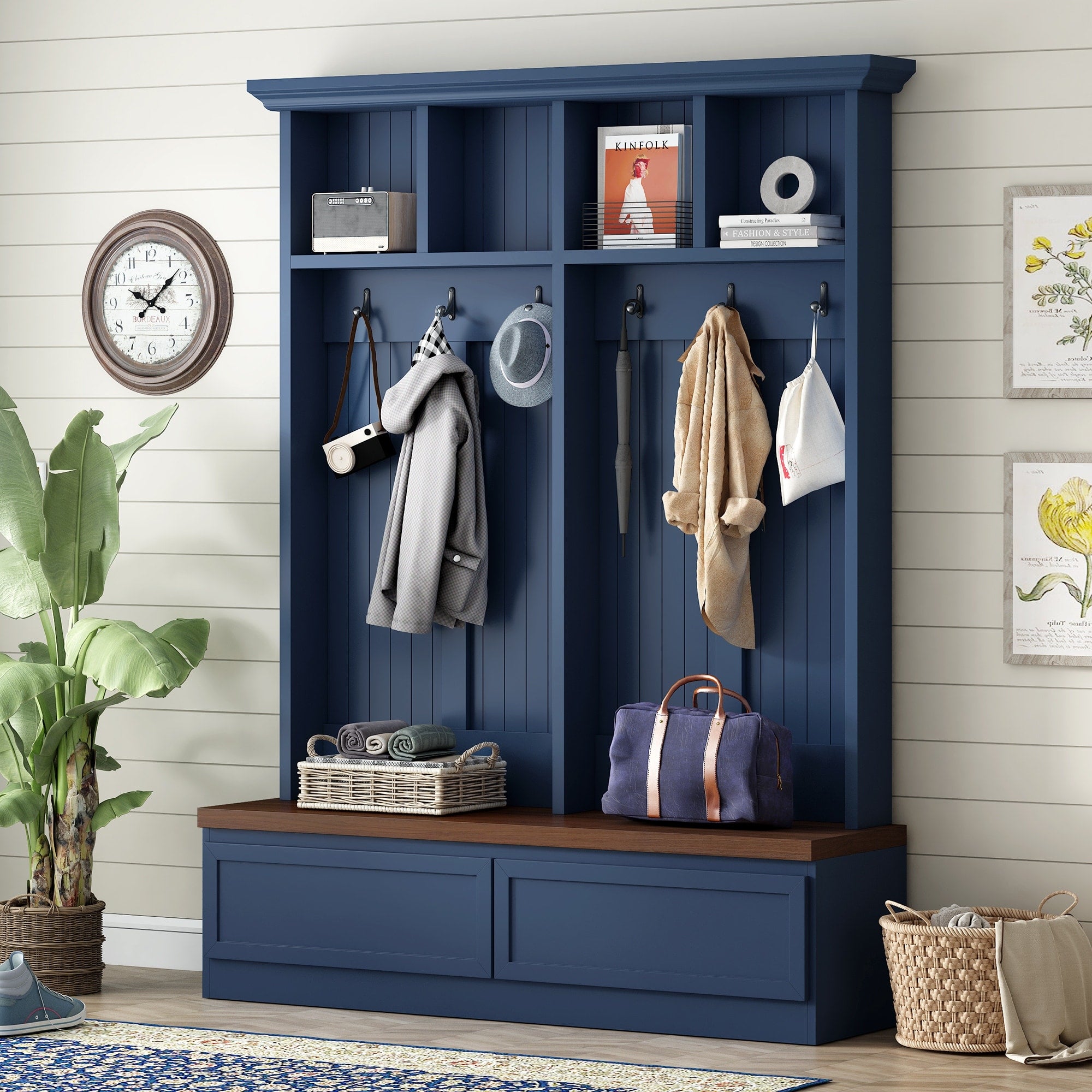 Roomfitters 55.9 4 In 1 Hall Tree With Storage Bench Coat Hooks And Upper Cubby Shelves For Entryway Mudroom
