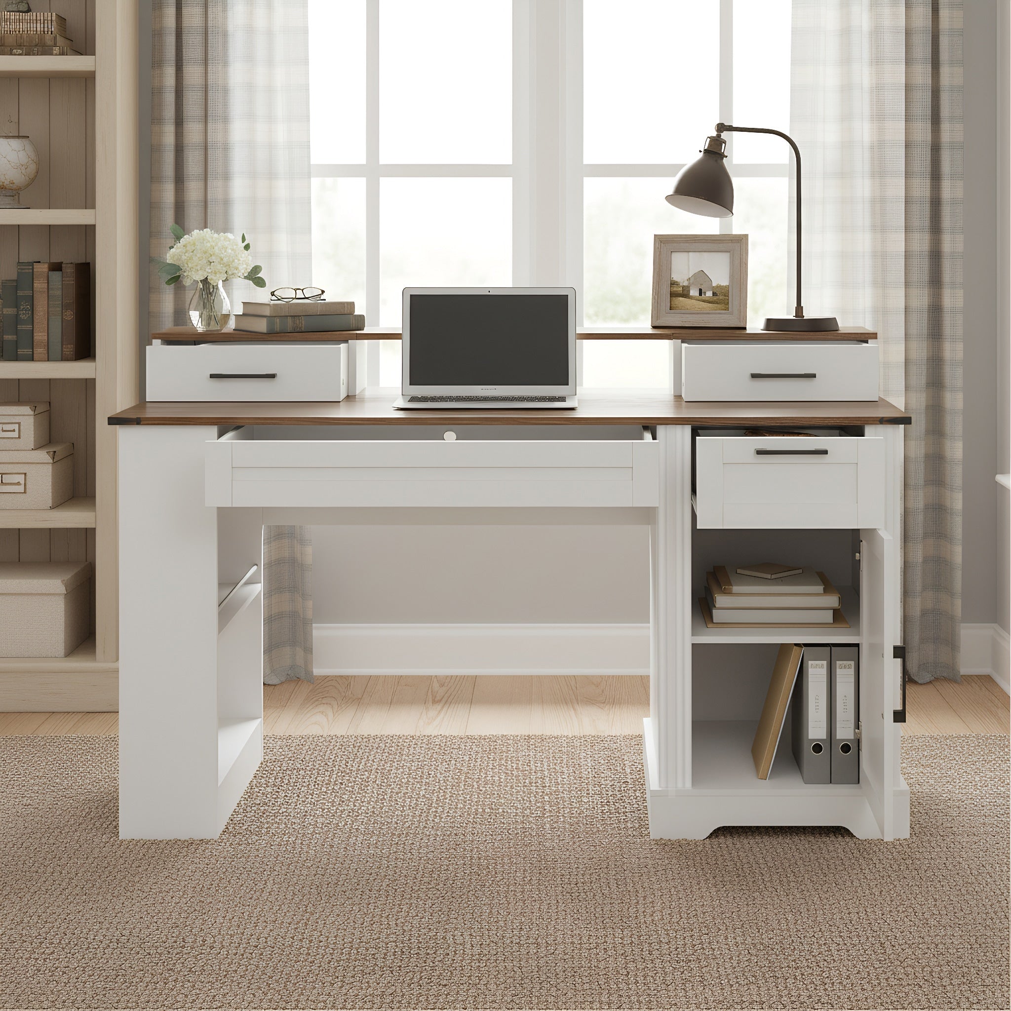 Roomfitters 55 Farmhouse Office Desk With Barn Door Cabinet Pegboard Charging Station