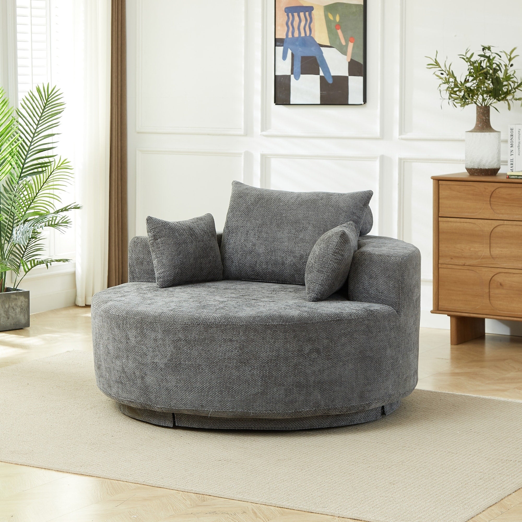 Roomfitters 55 Single Swivel Cuddle Chair Oversized Round Chenille Upholstered Armchair With 3 Accent Pillows