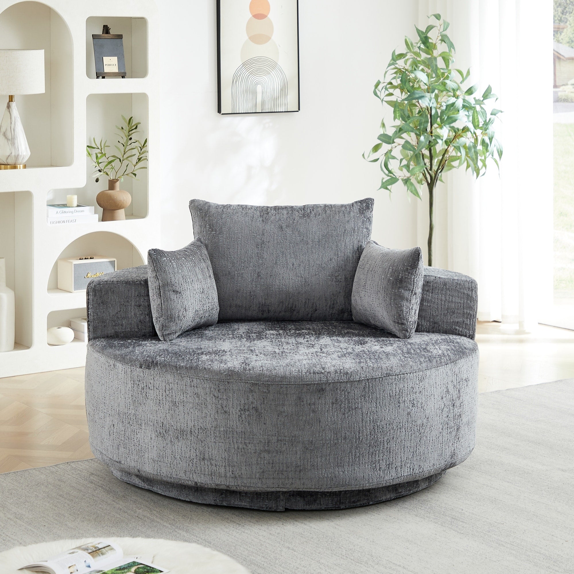 Roomfitters 55 Single Swivel Cuddle Chair Oversized Round Upholstered Armchair With 3 Pillows For Living Room
