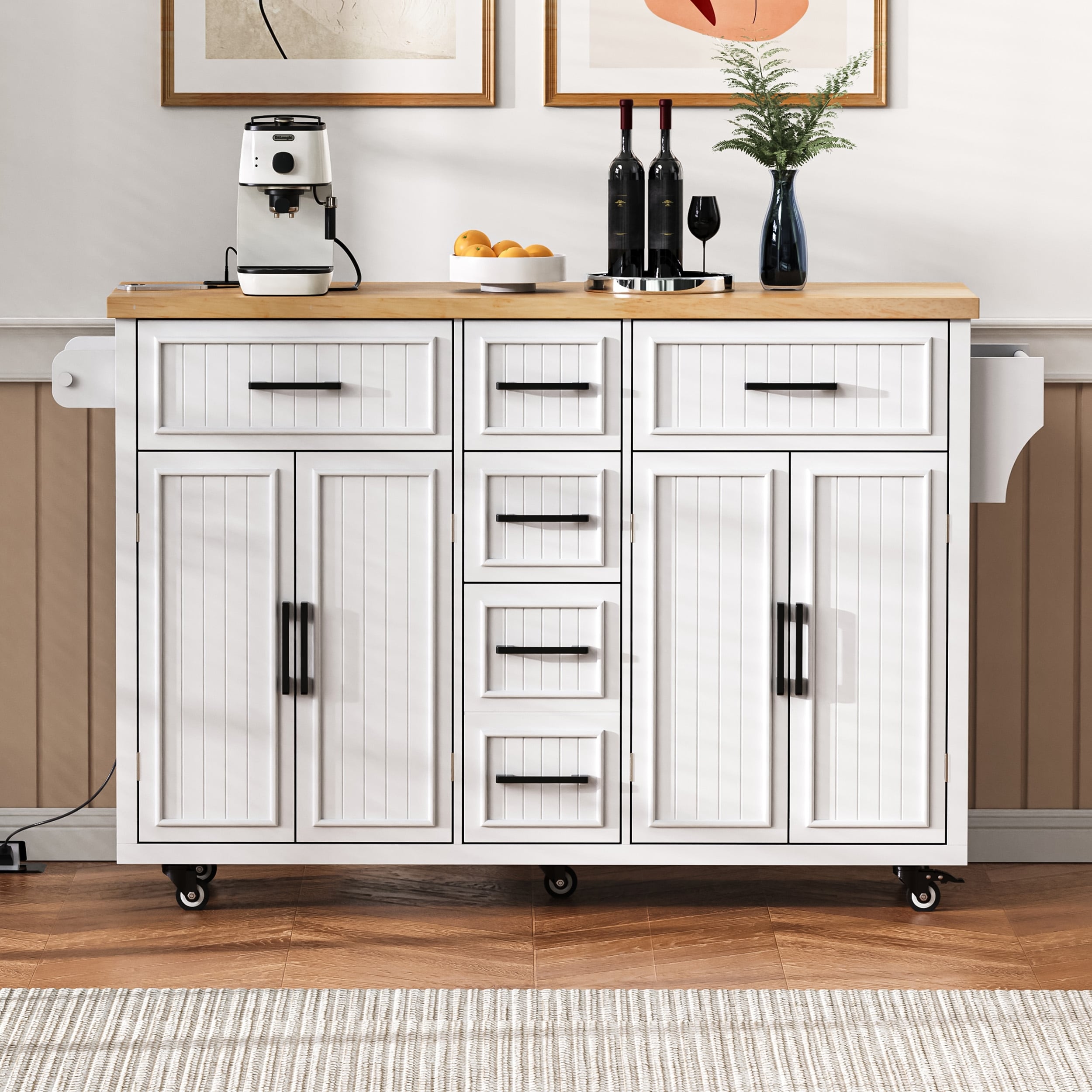 Roomfitters 56.5 Kitchen Island With Drop Leaf Rolling Kitchen Cart With 5 Storage Drawers Spice Rack Towel Holder White