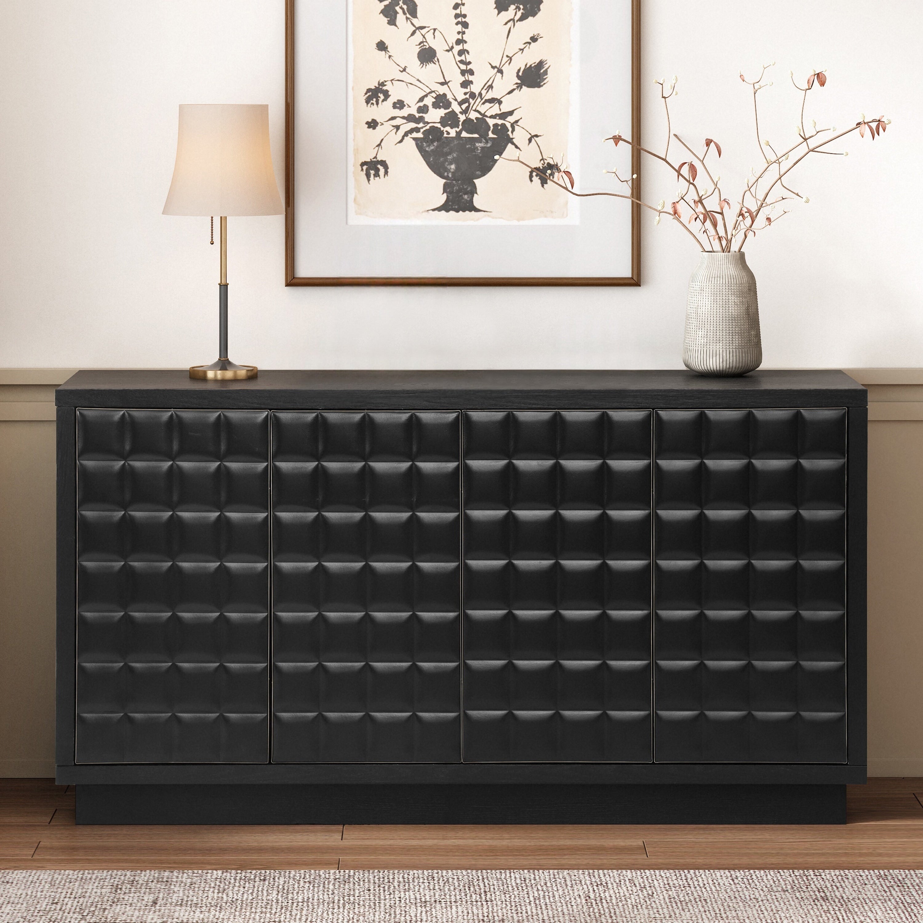 Roomfitters 58.6 Inch 4 Door Storage Cabinet Modern Sideboard Buffet Credenza With 3D Checkered Pattern For Dining Room