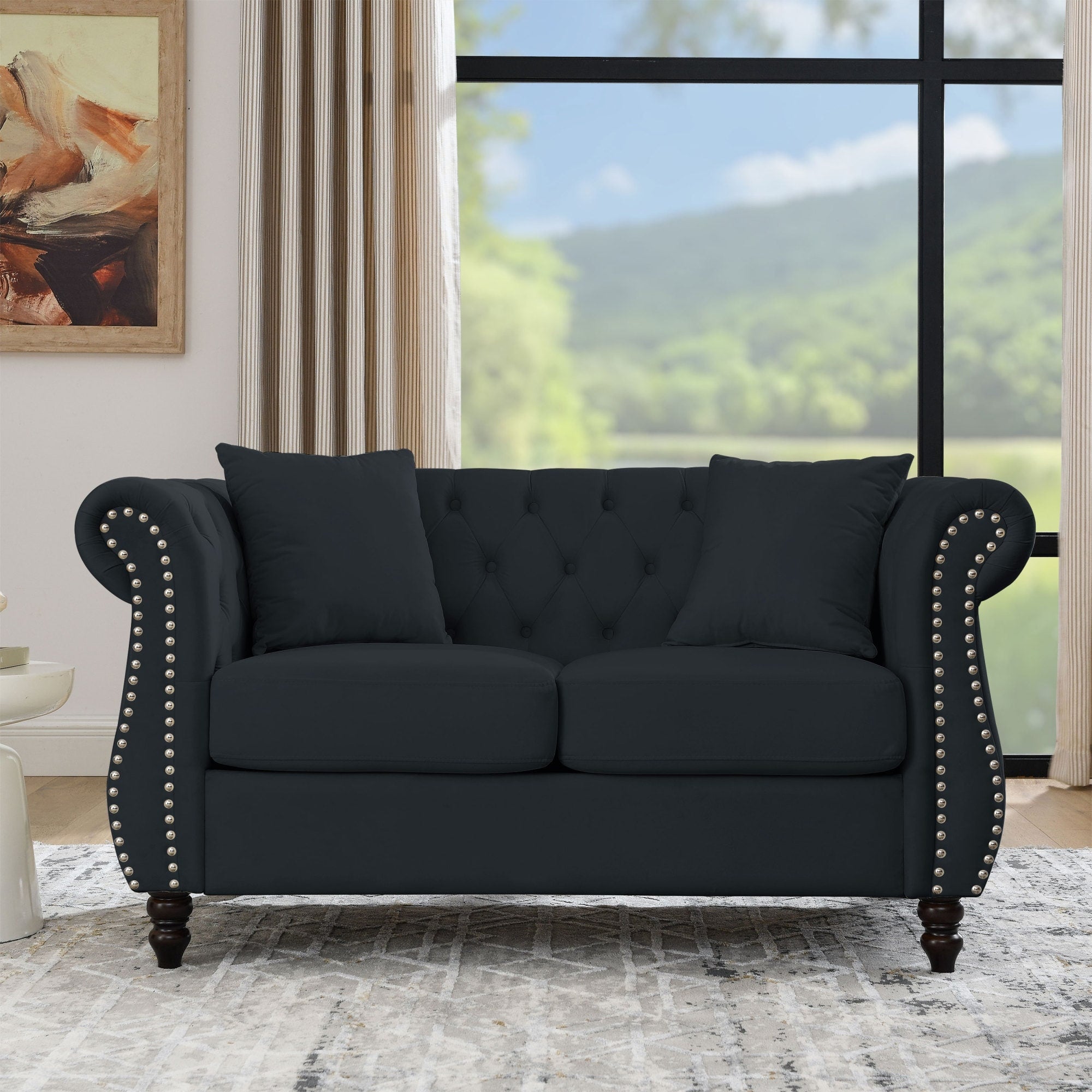 Roomfitters 58.8 Chesterfield Upholstered Loveseat 2 Seater Sofa With Button Accented Back And Nailhead Trim Gold Legs