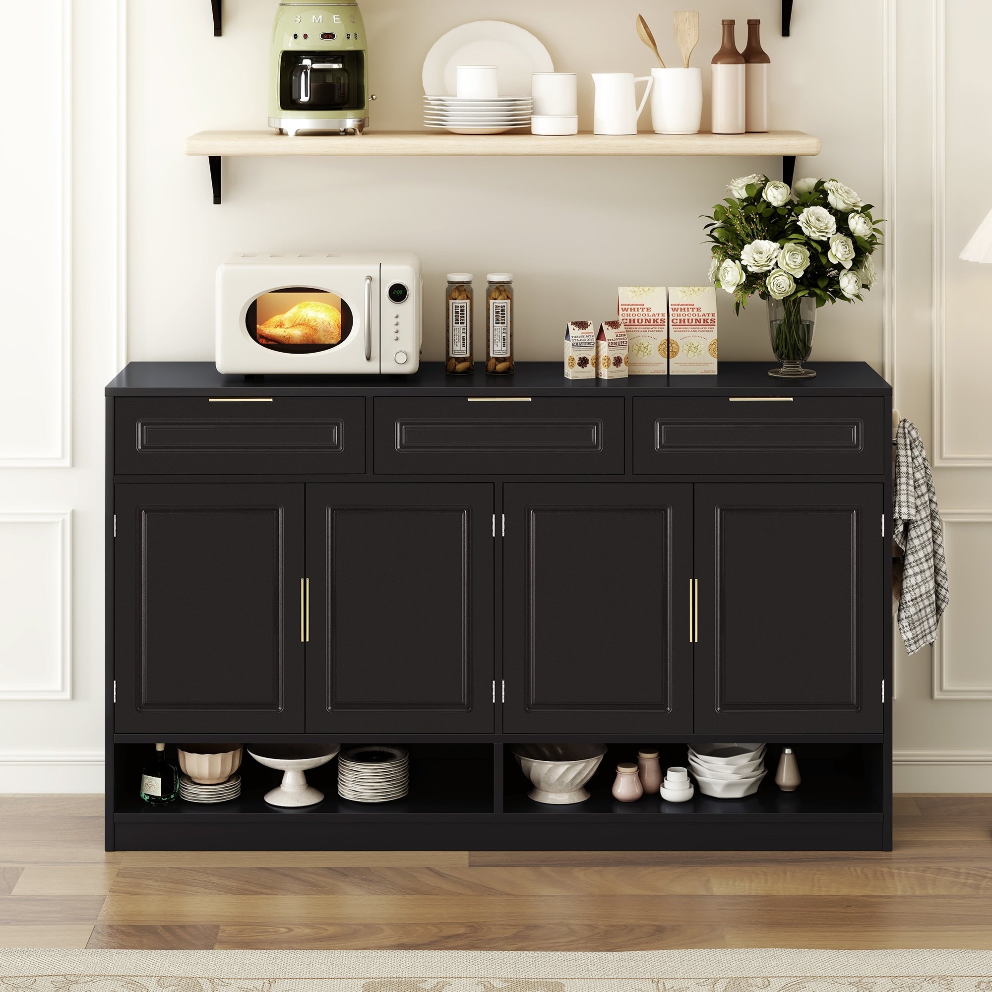 Roomfitters 59.1 Farmhouse Sideboard Buffet Cabinet With 3 Drawers And 4 Doors Kitchen Storage With Open Shelf