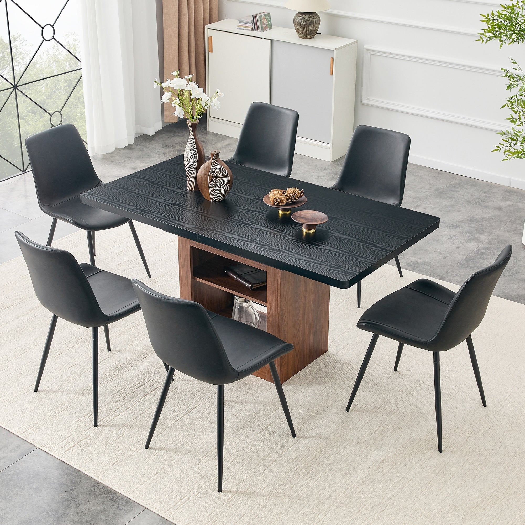 Roomfitters 59 71 Expandable Black Wood Grain Table Set Black Pu Chairs Storage Base Pull Out Kitchen Set For 4 8