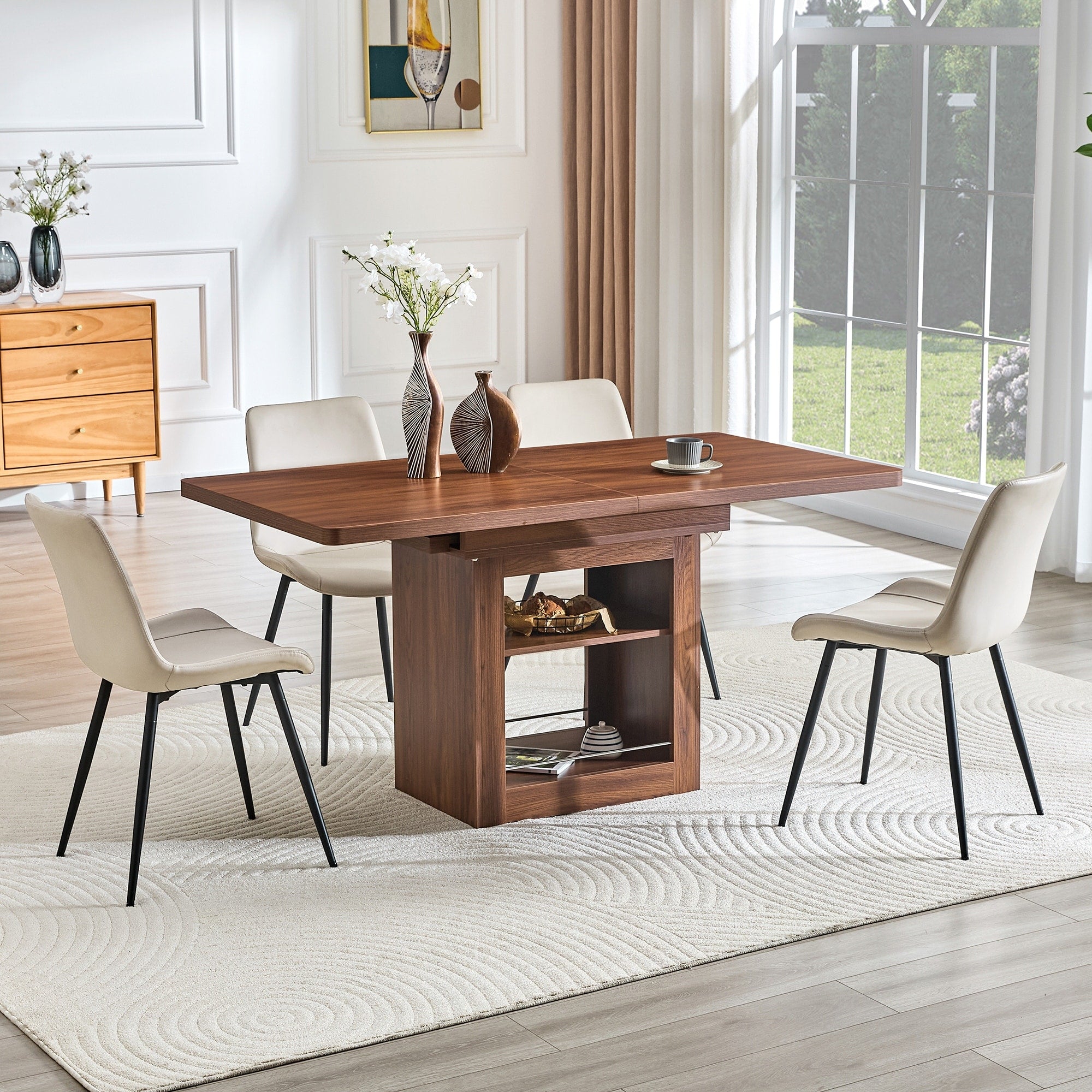 Roomfitters 59 71 Expandable Walnut Wood Dining Table Set 4 Pu Chairs Storage Base Pull Out Set For 4
