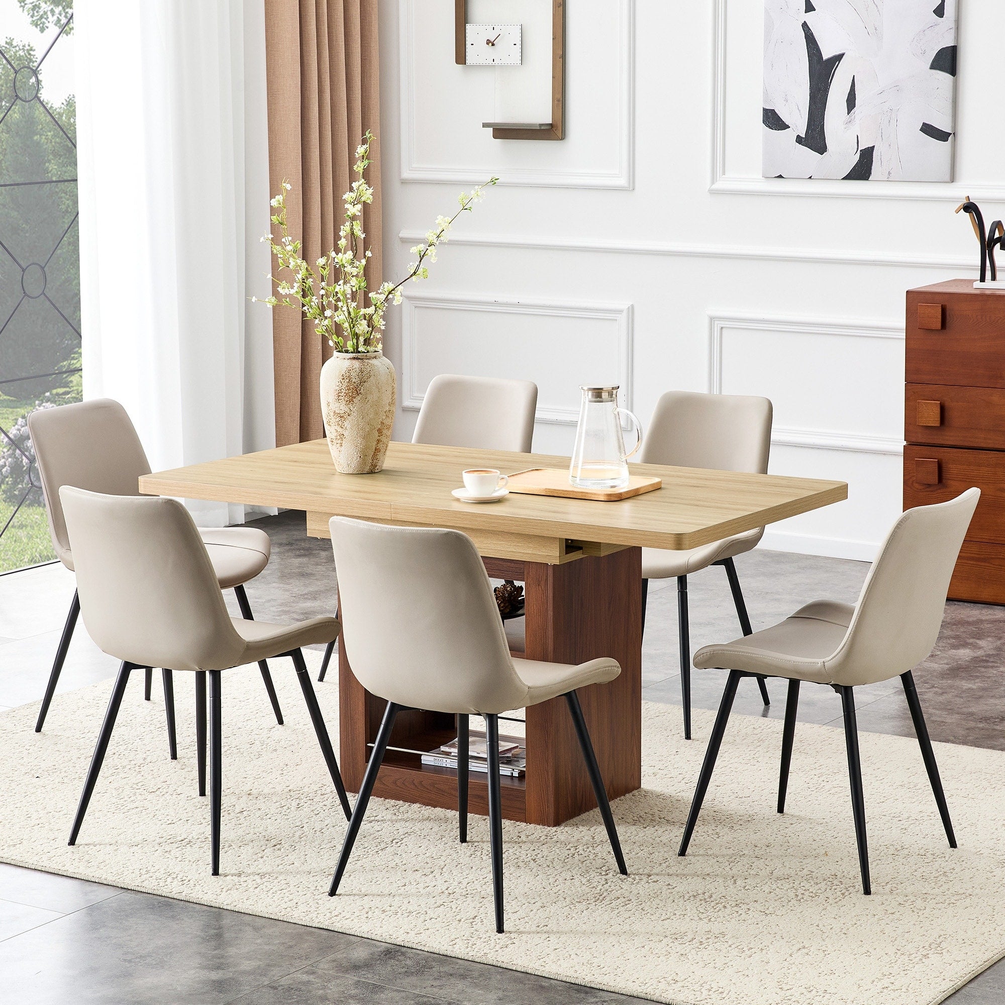 Roomfitters 59 71 Scalable Wood Dining Table Set 6 Linen Chairs Storage Base Pull Out Kitchen Set For 4 8