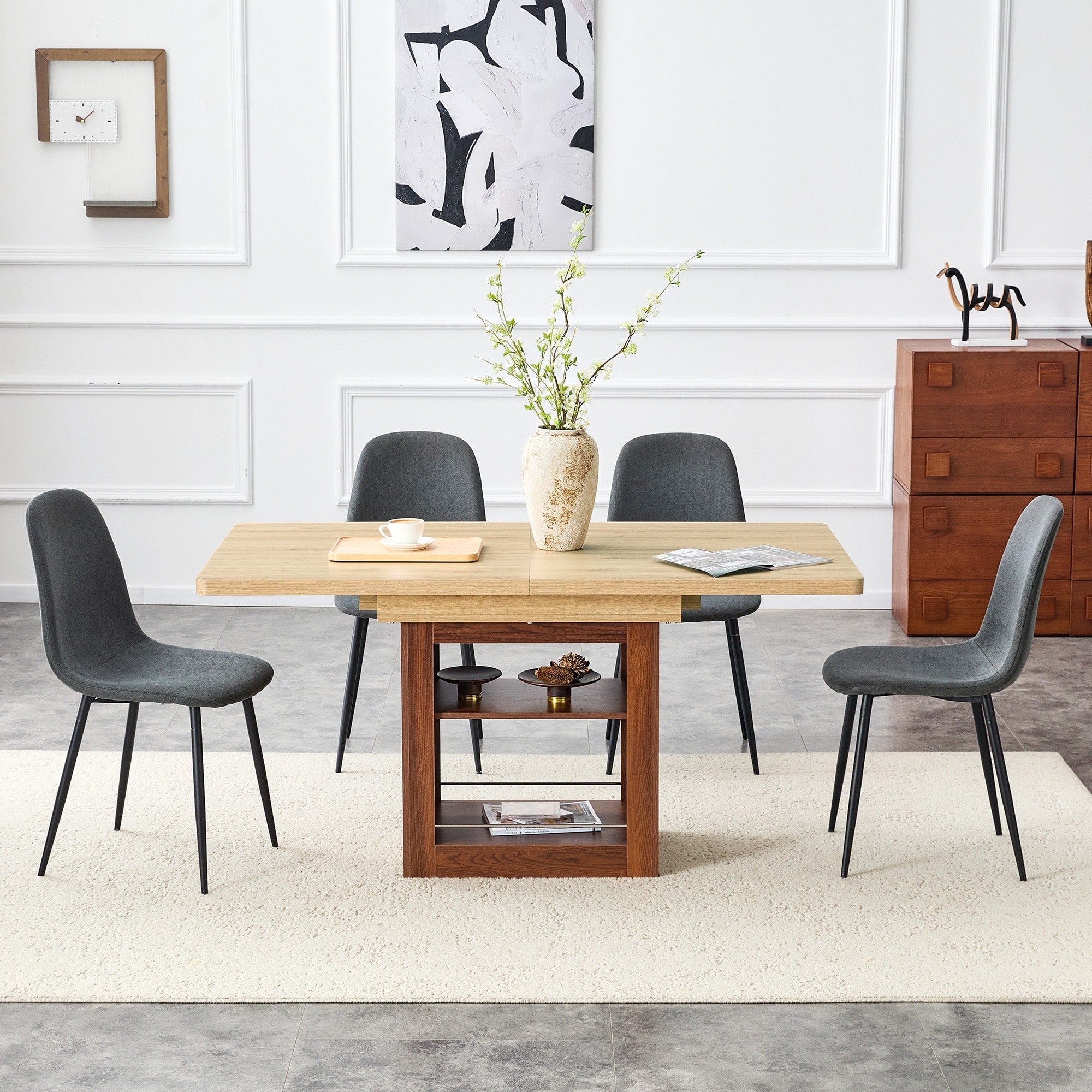 Roomfitters 59 71 Scalable Wood Dining Table Set Dark Gray Linen Chairs Storage Base Pull Out Kitchen Set For 4 8