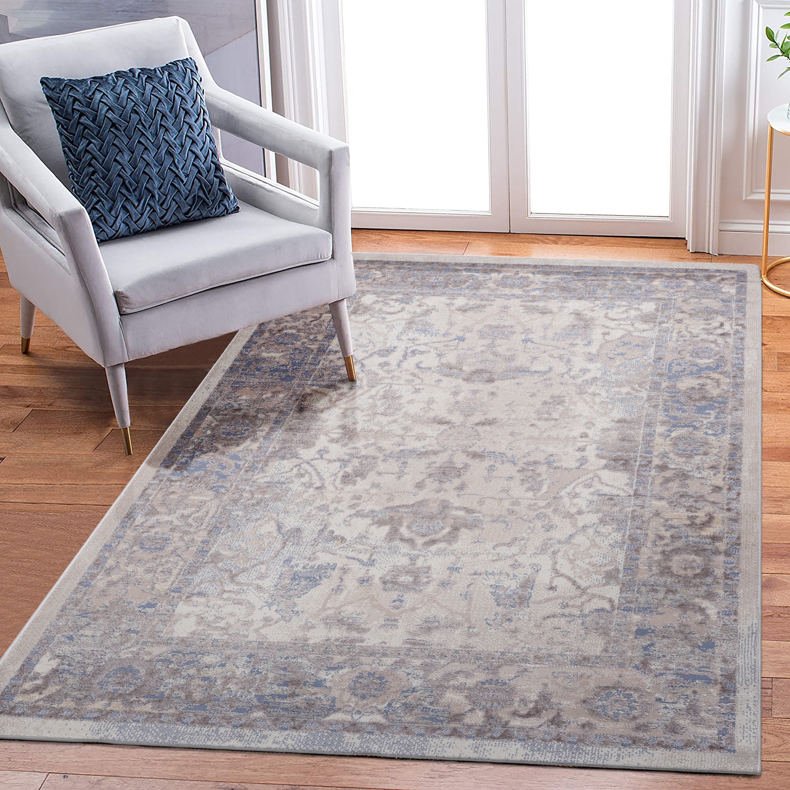 Roomfitters 5X7 Machine Washable Boho Vintage Area Rug Non Slip Pet Friendly Indoor Living Room Decor Carpet Brown Beige