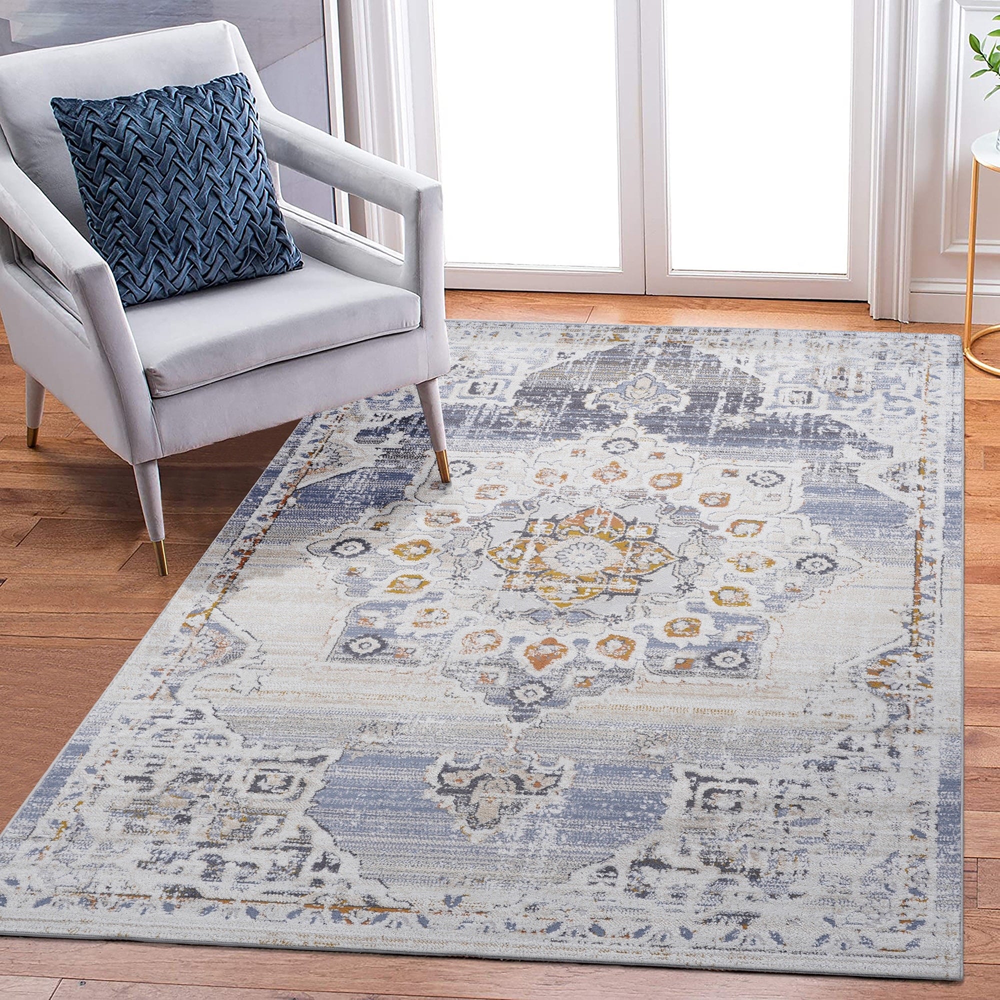 Roomfitters 5X7 Machine Washable Boho Vintage Area Rug Non Slip Pet Friendly Indoor Living Room Decor Carpet Cream 5 X 7