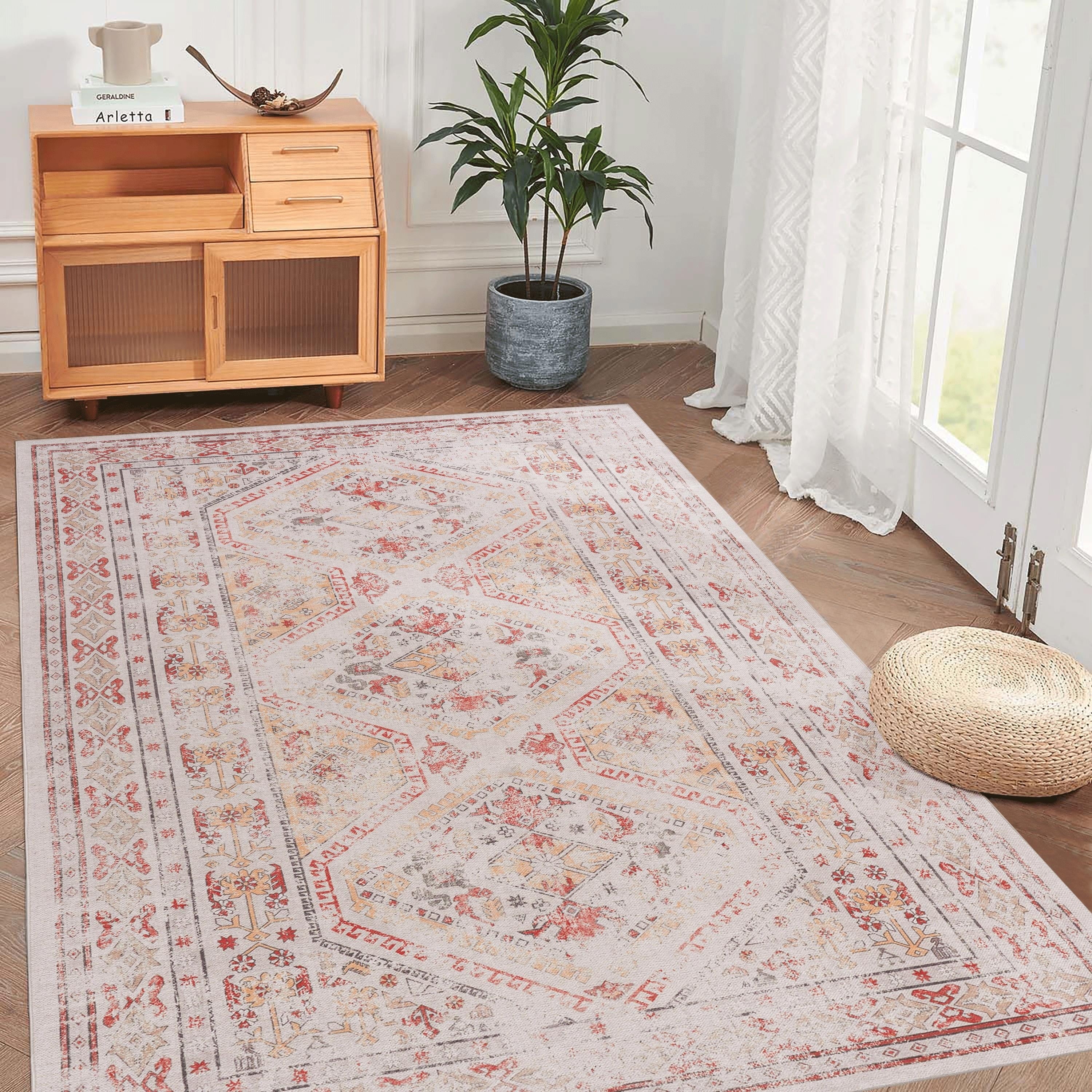 Roomfitters 5X8 Machine Washable Boho Vintage Area Rug Non Slip Pet Friendly Indoor Living Room Decor Carpet Beige 5 X 8