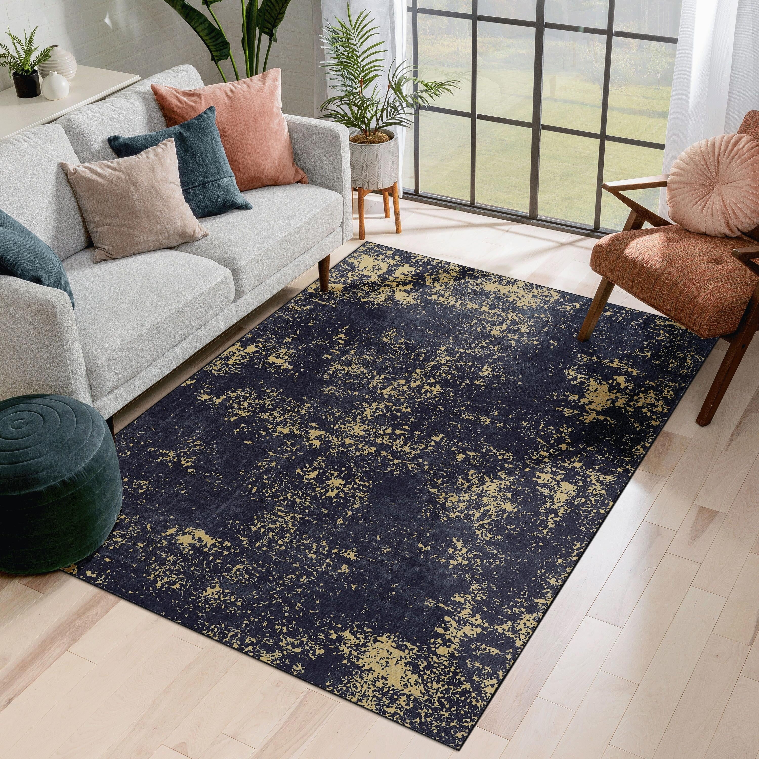 Roomfitters 5X8 Machine Washable Boho Vintage Area Rug Non Slip Pet Friendly Indoor Living Room Decor Carpet Black Gold