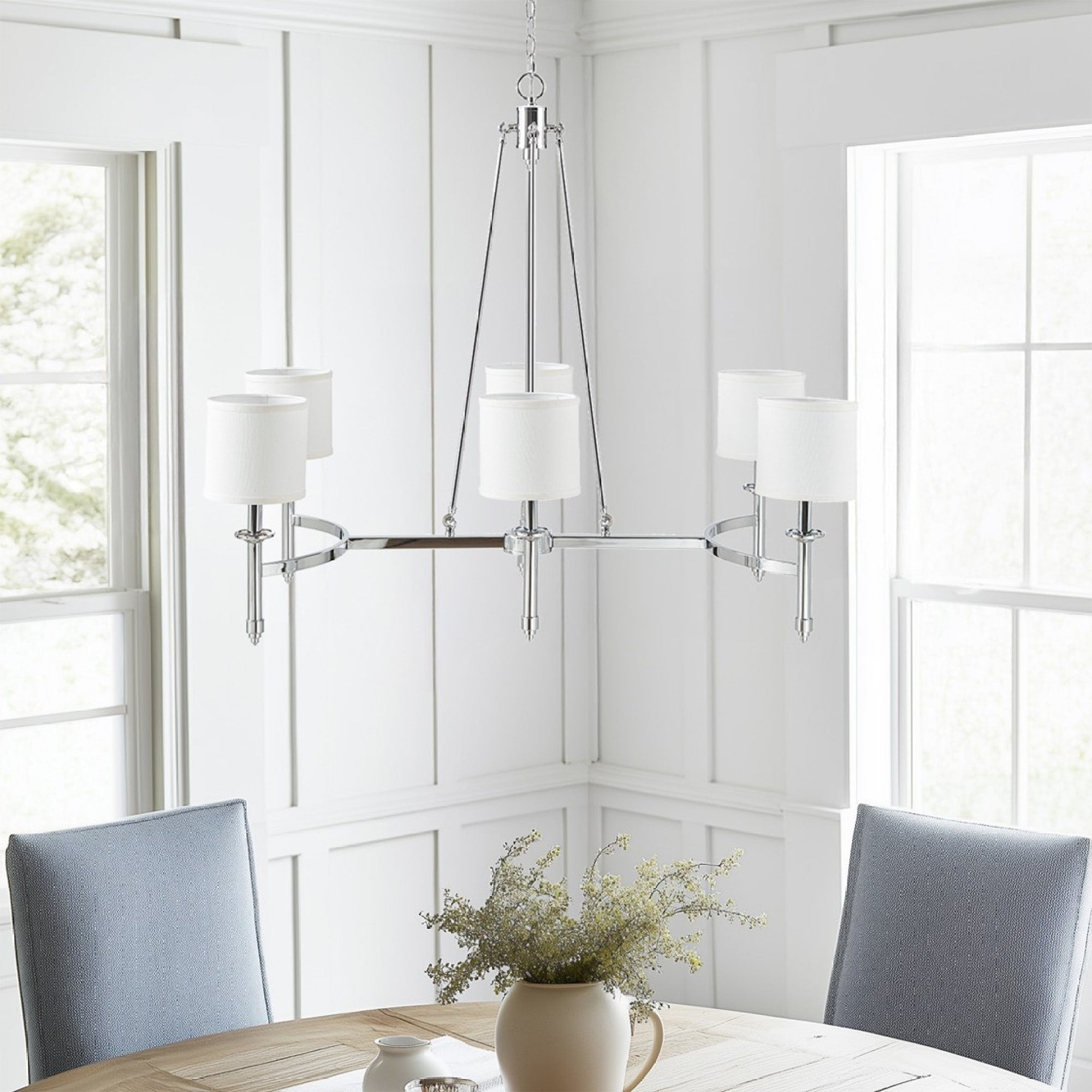 Roomfitters 6 Light Chandelier Fabric Drum Shades Linear Island Light Luxury Polished Silver Rectangular Ceiling Light