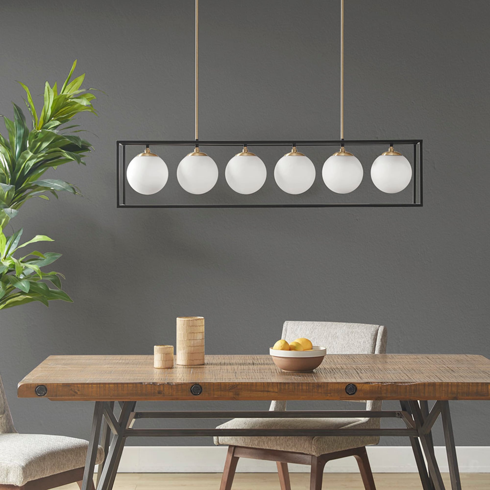 Roomfitters 6 Light Glass Globe Linear Chandelier Modern Open Cage Island Light Black Antique Brass Rectangular Ceiling Lamp