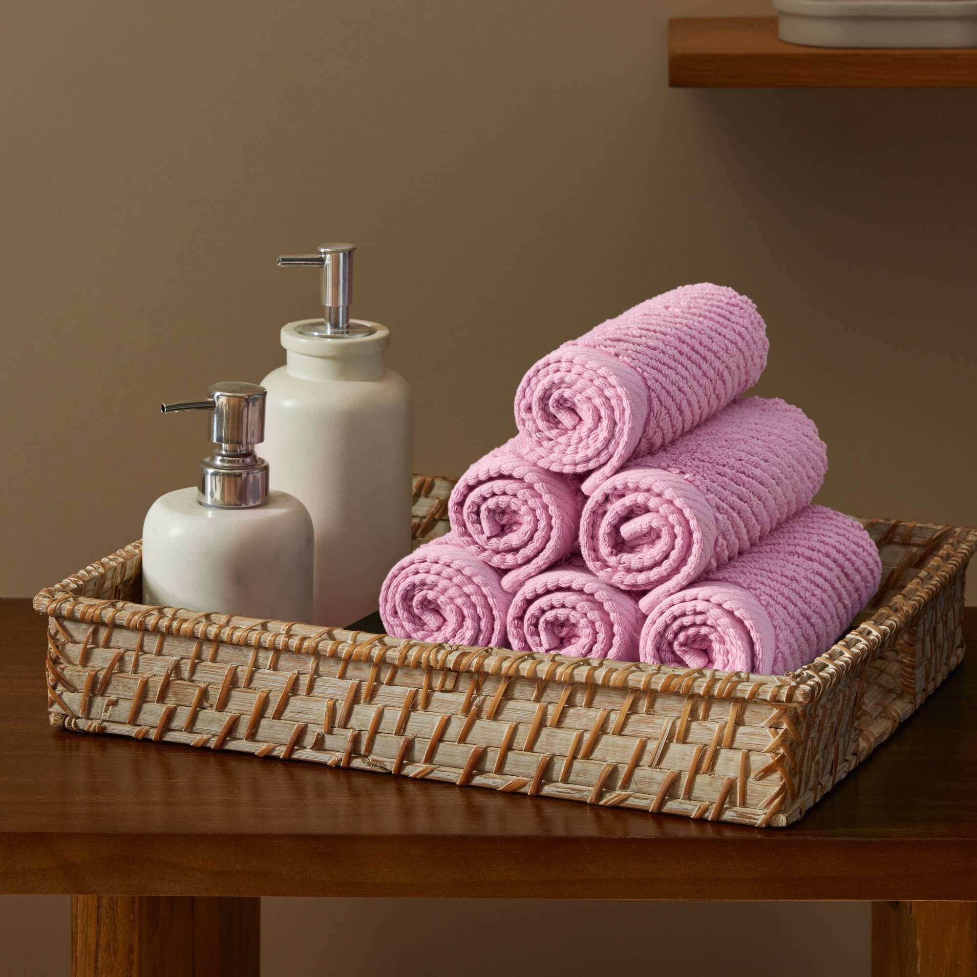 Roomfitters 6 Piece 100 Cotton Towel Set Soft Absorbent Modern Diagonal Ribbed Textured Hotel Spa Quality Towels Pink