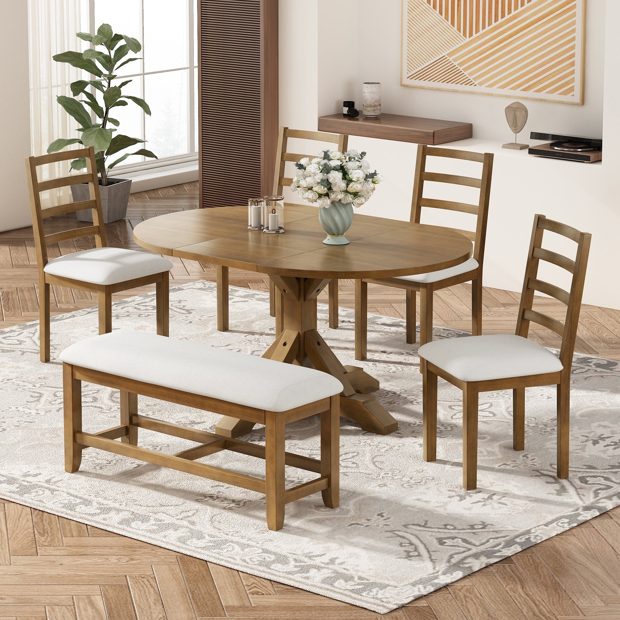 Roomfitters 6 Piece Dining Table Set Oval Wood Kitchen Table X Base Pedestal 4 Upholstered Chairs Bench