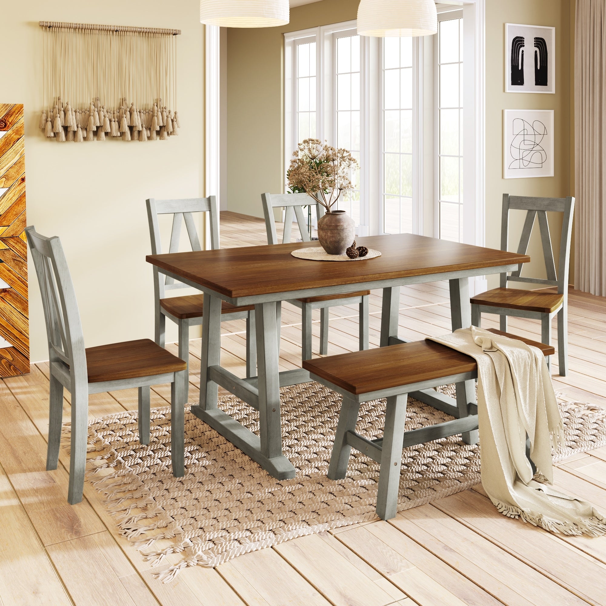 Roomfitters 6 Piece Dining Table Set Rectangular Trestle Wood Table 4 A Back Chairs Bench Modern Farmhouse