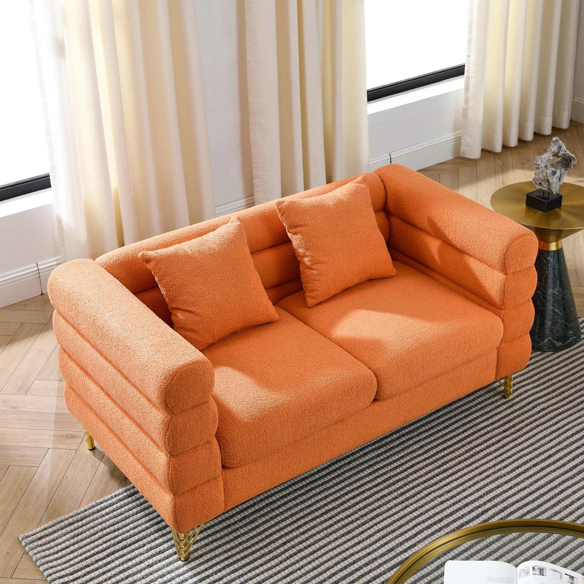 Roomfitters 60 2 Seater Sectional Sofa Modern Boucle Loveseat With Gold Legs And 2 Accent Pillows For Living Room