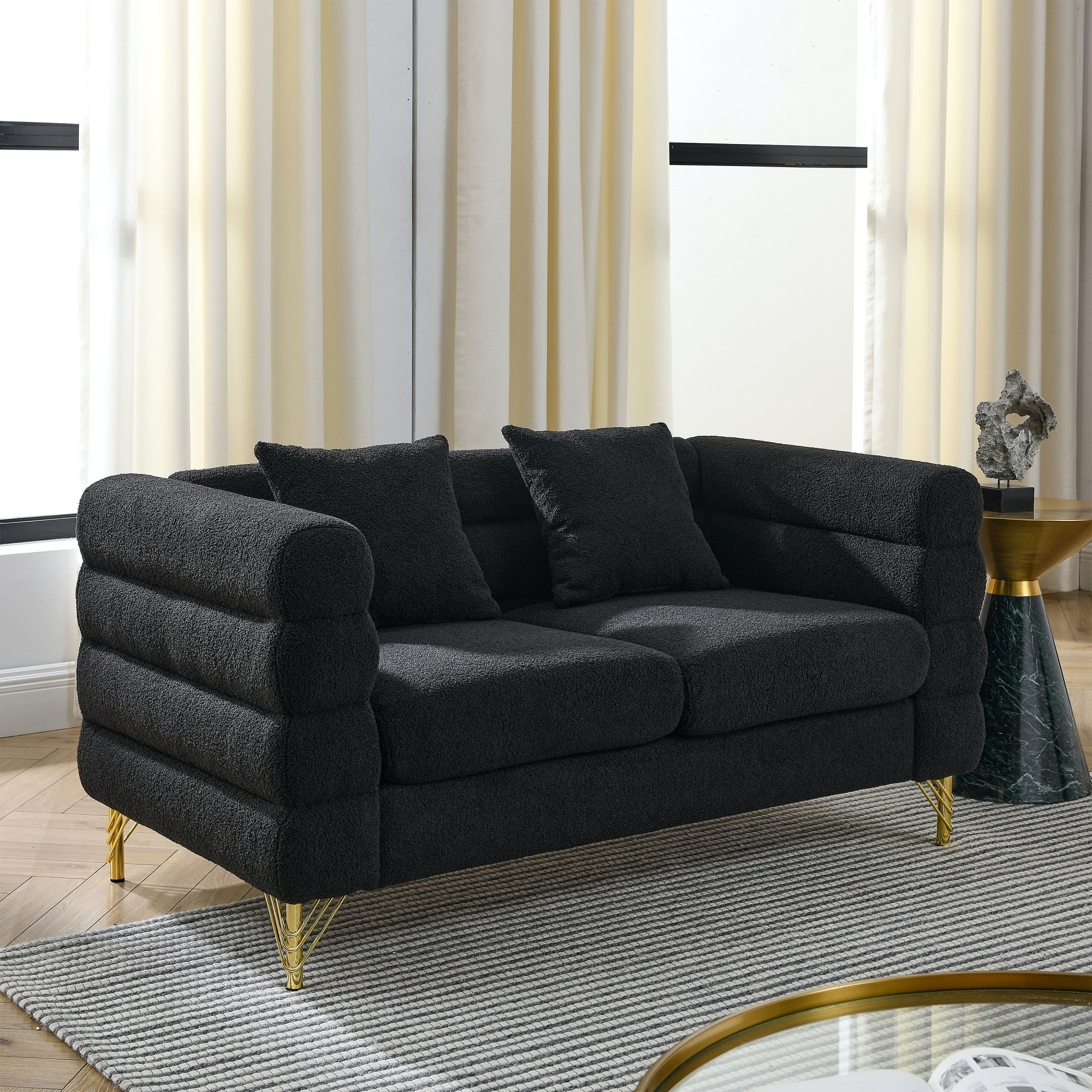Roomfitters 60 2 Seater Sectional Sofa Modern Boucle Upholstered Loveseat With Gold Legs For Living Room