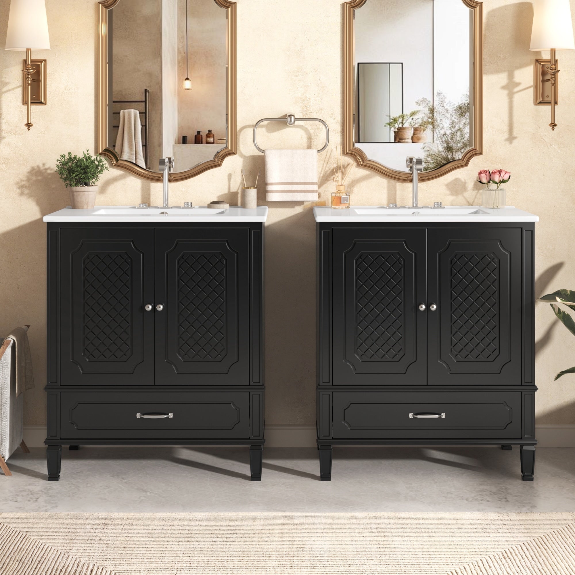 Roomfitters 60 Double Bathroom Vanity Set With Ceramic Sinks Diamond Grid Cabinets And Customizable Storage Dividers