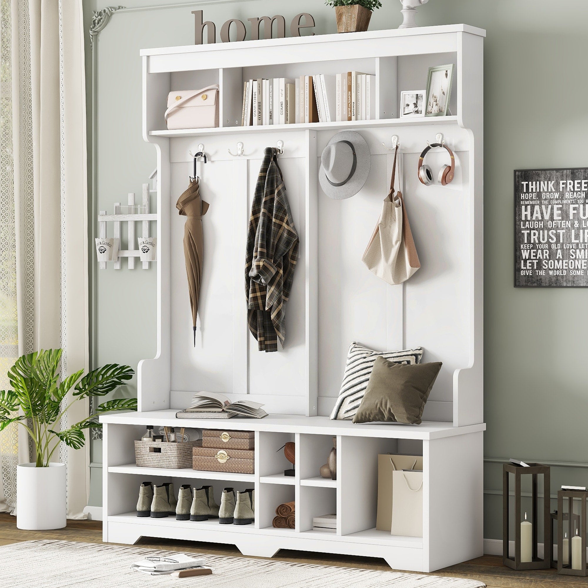 Roomfitters 60 Modern Hall Tree With 12 Storage Cubbies 6 Metal Hooks Entryway Coat Rack Shoe Bench 3 Tier Library
