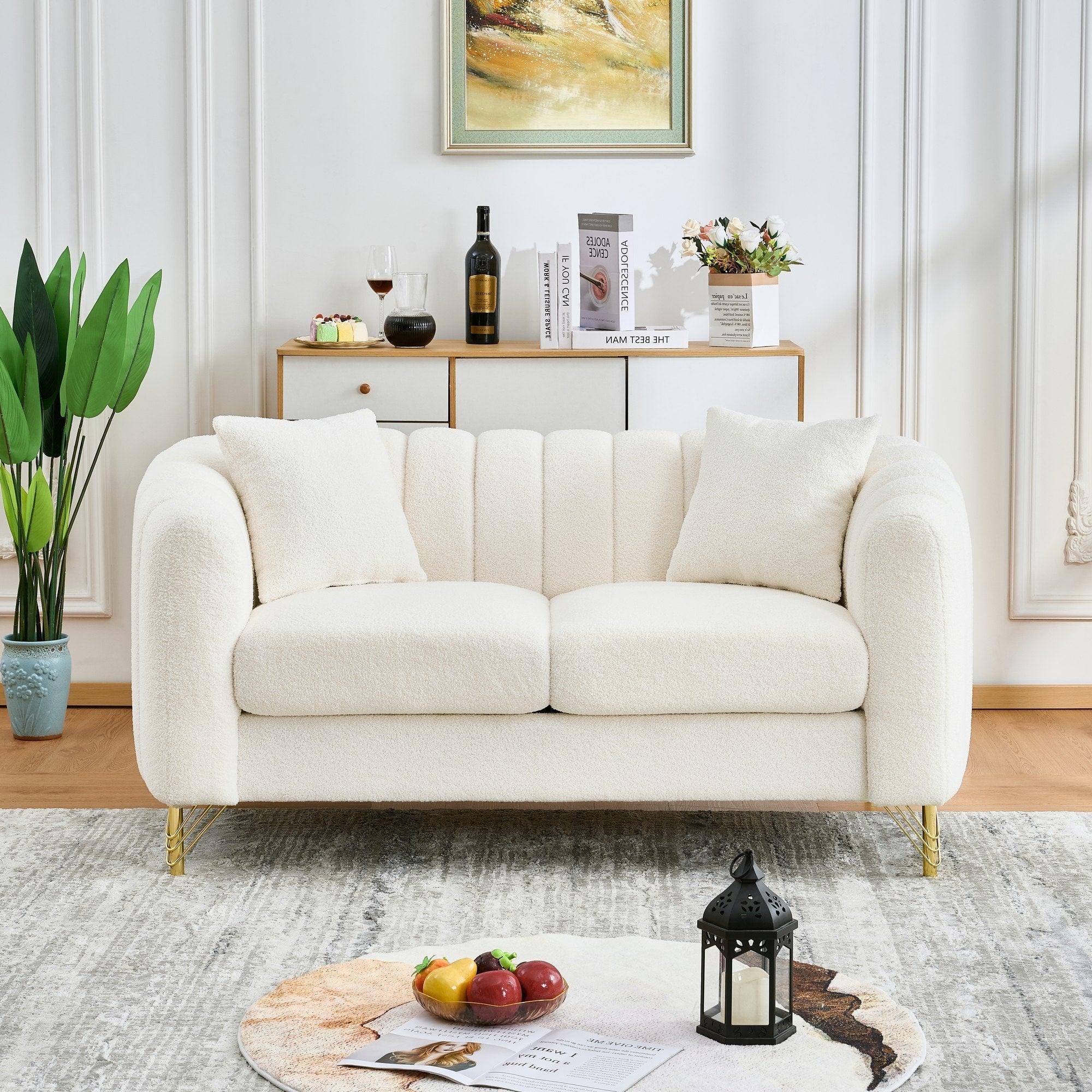 Roomfitters 61 Modern Teddy Fabric Loveseat With Gold Legs Channel Stitched 2 Seater Upholstered Couch For Small Spaces White
