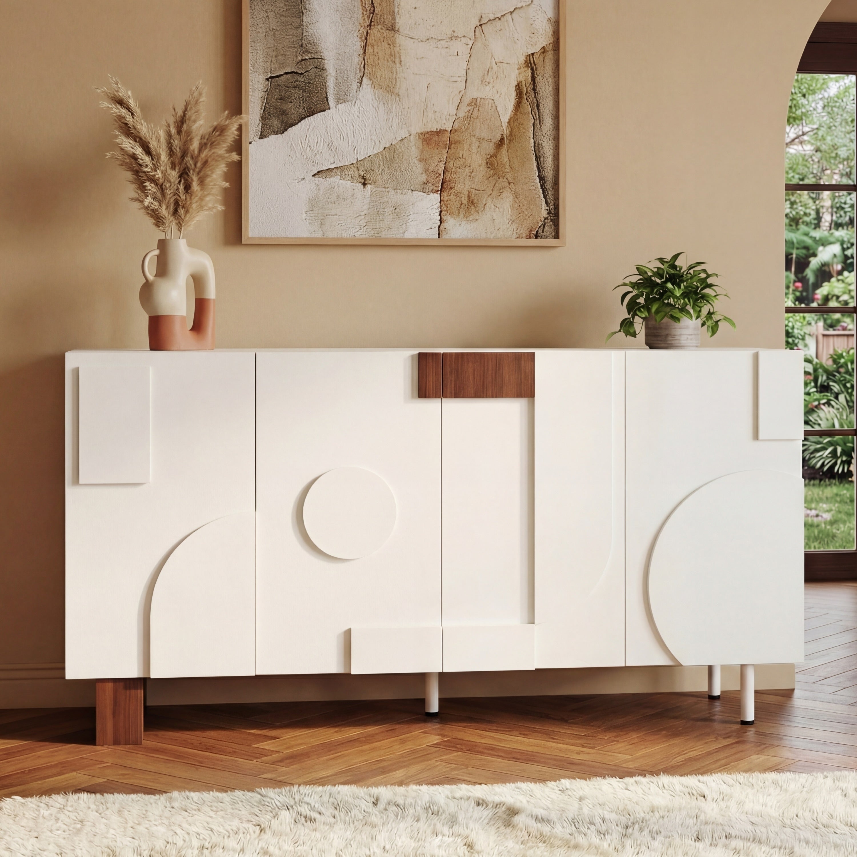 Roomfitters 62.9 Buffet Cabinet Modern Sideboard Credenza With Artistic Geometric 3D Textured Doors And Large Storage White