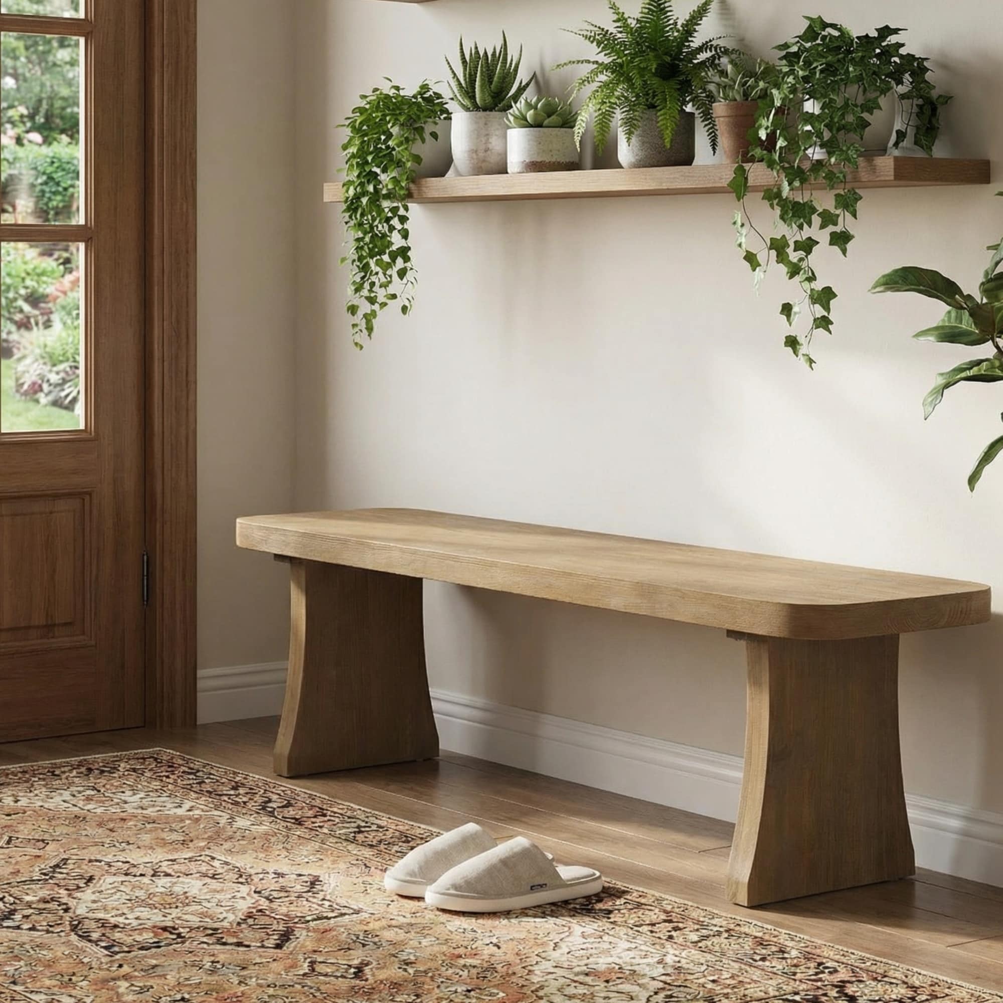 Roomfitters 62.9 Dining Bench Modern Farmhouse Solid Pine Wood Seating With Curved Legs For Entryway Natural Oak