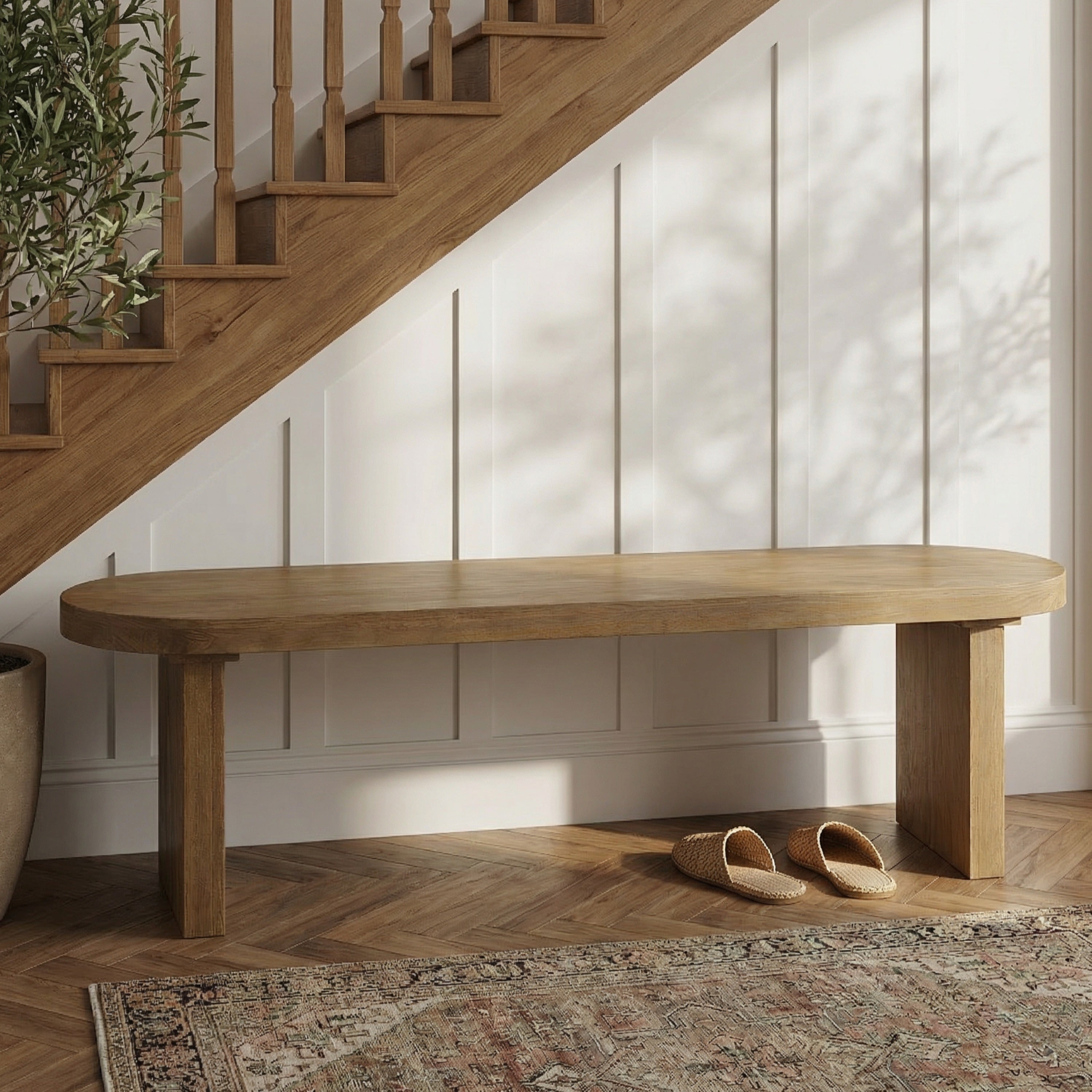 Roomfitters 62.9 Dining Bench Modern Minimalist Solid Pine Wood Oval Seating With Slab Legs For Entryway Natural Oak