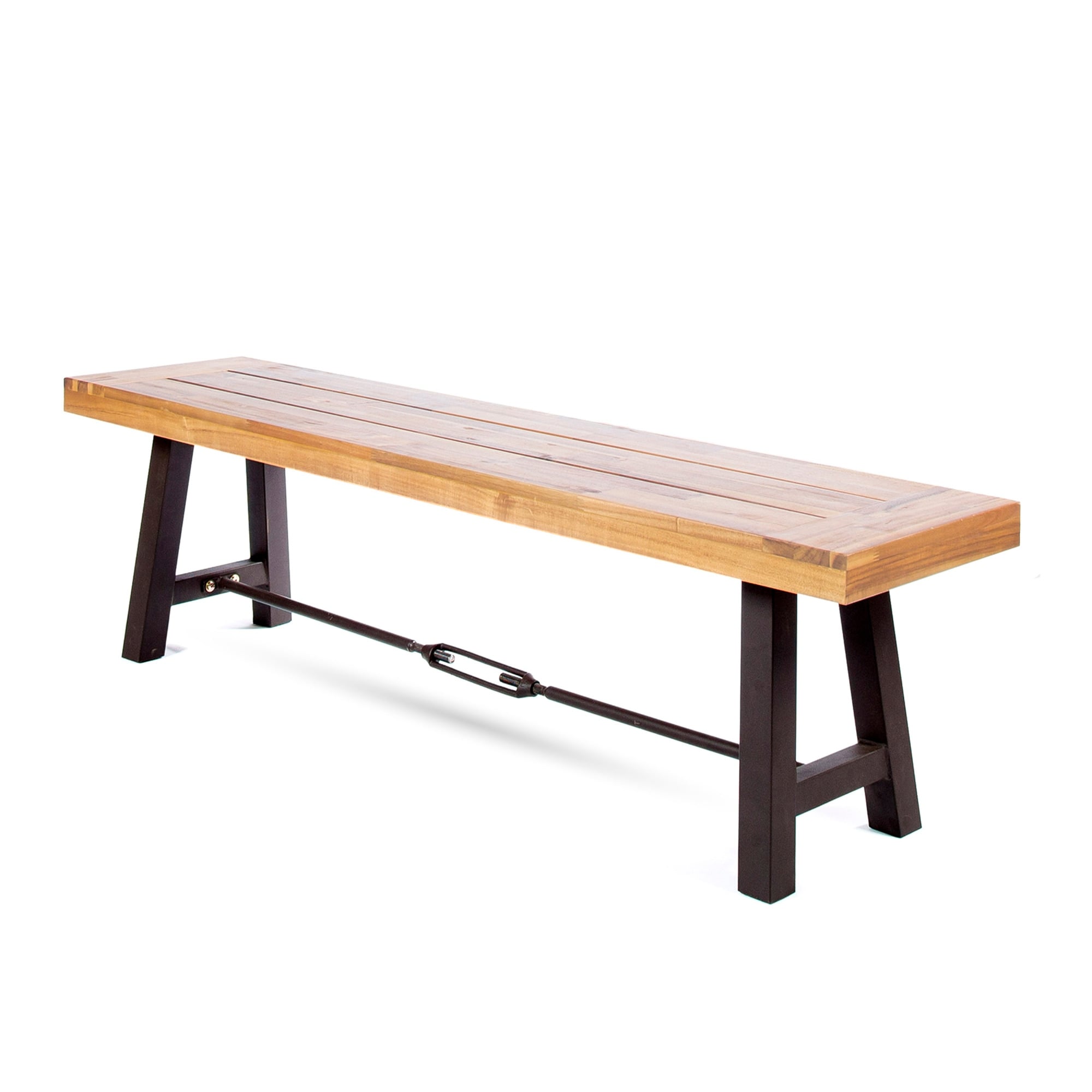 Roomfitters 63 Acacia Wood Outdoor Dining Bench Rustic Industrial A Frame Metal Legs With Turnbuckle Rod For Patio Teak Black