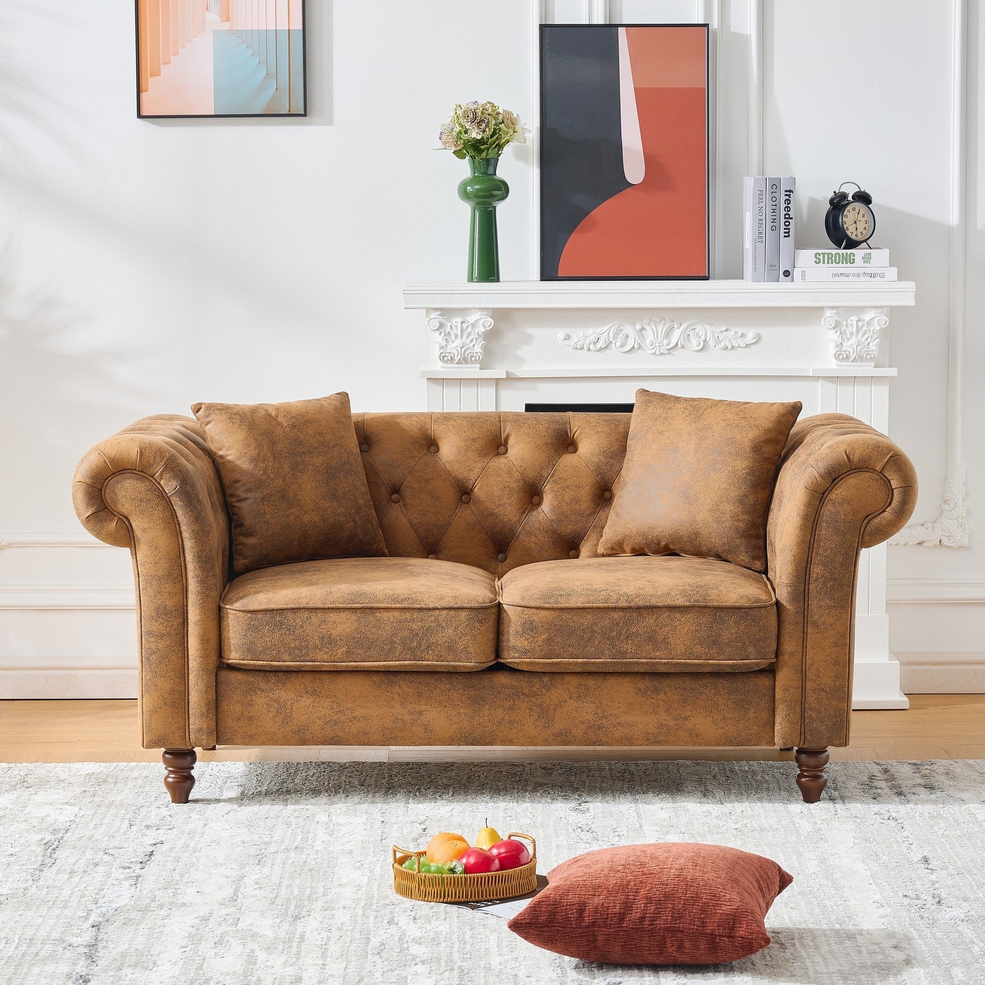 Roomfitters 63 Classic Chesterfield Upholstered Loveseat Scrolled Arm Couch With Button Back And Carved Wood Legs Brown