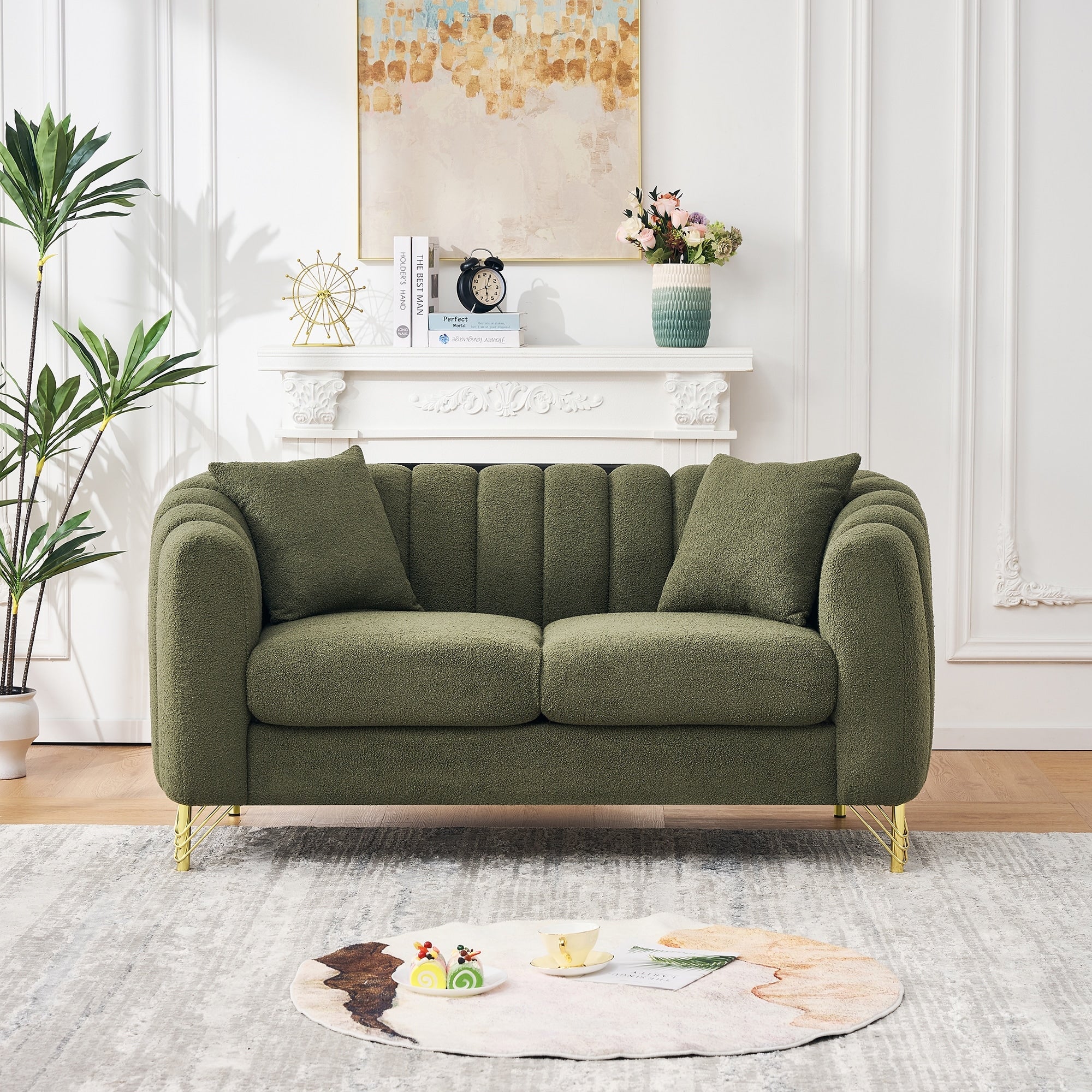 Roomfitters 63 Modern Teddy Fabric Loveseat With Gold Legs Channel Stitched 2 Seater Sofa For Small Spaces