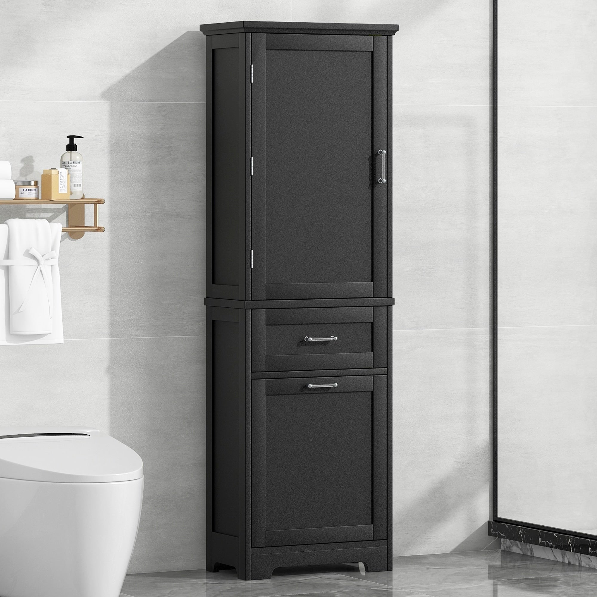 Roomfitters 63 Tall Bathroom Storage Cabinet Freestanding Linen Tower With 2 Drawers And Adjustable Shelves Black